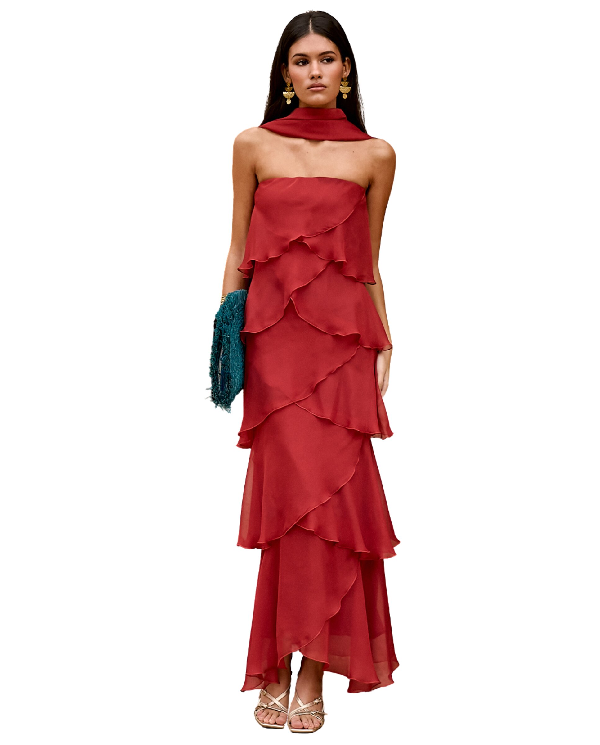 Vestido midi con escote palabra de honor y volantes