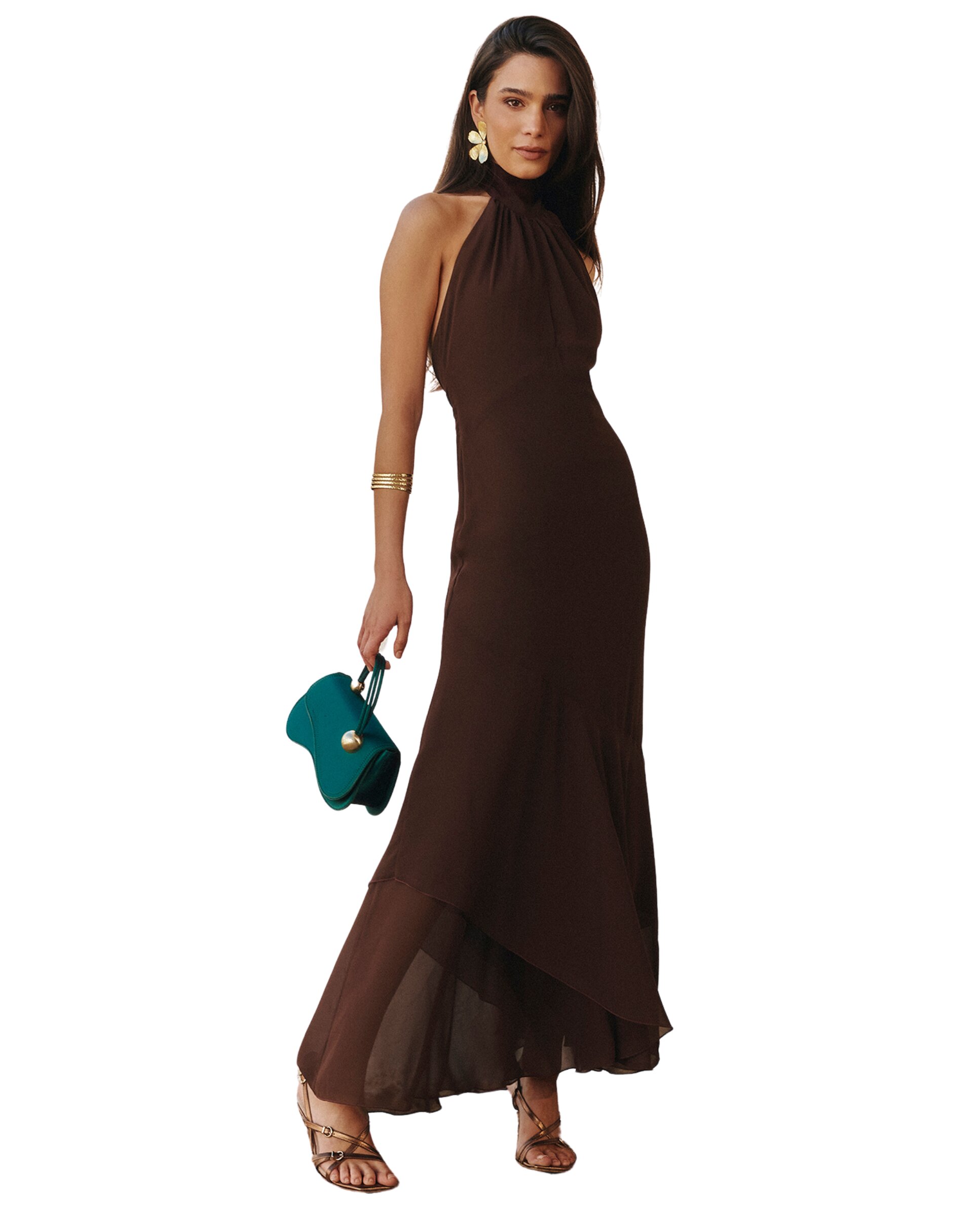 Vestido midi con cuello halter y espalda descubierta - MIPHAI - Marrón chocolate Marrón chocolate-1