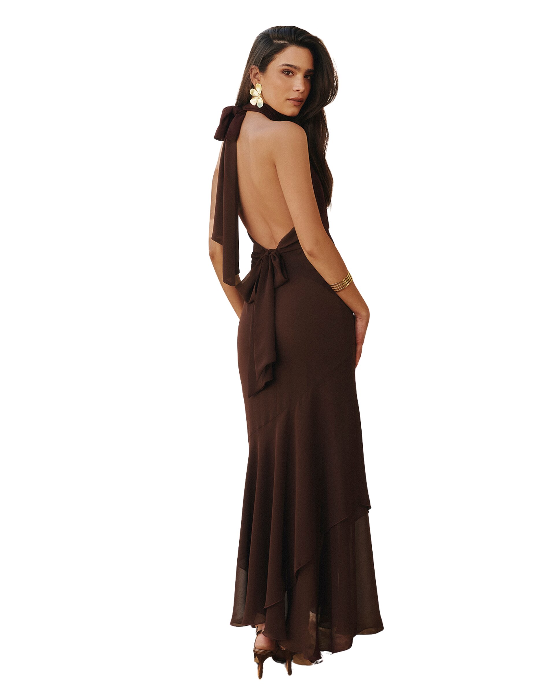 Vestido midi con cuello halter y espalda descubierta - MIPHAI - Marrón chocolate Marrón chocolate-2