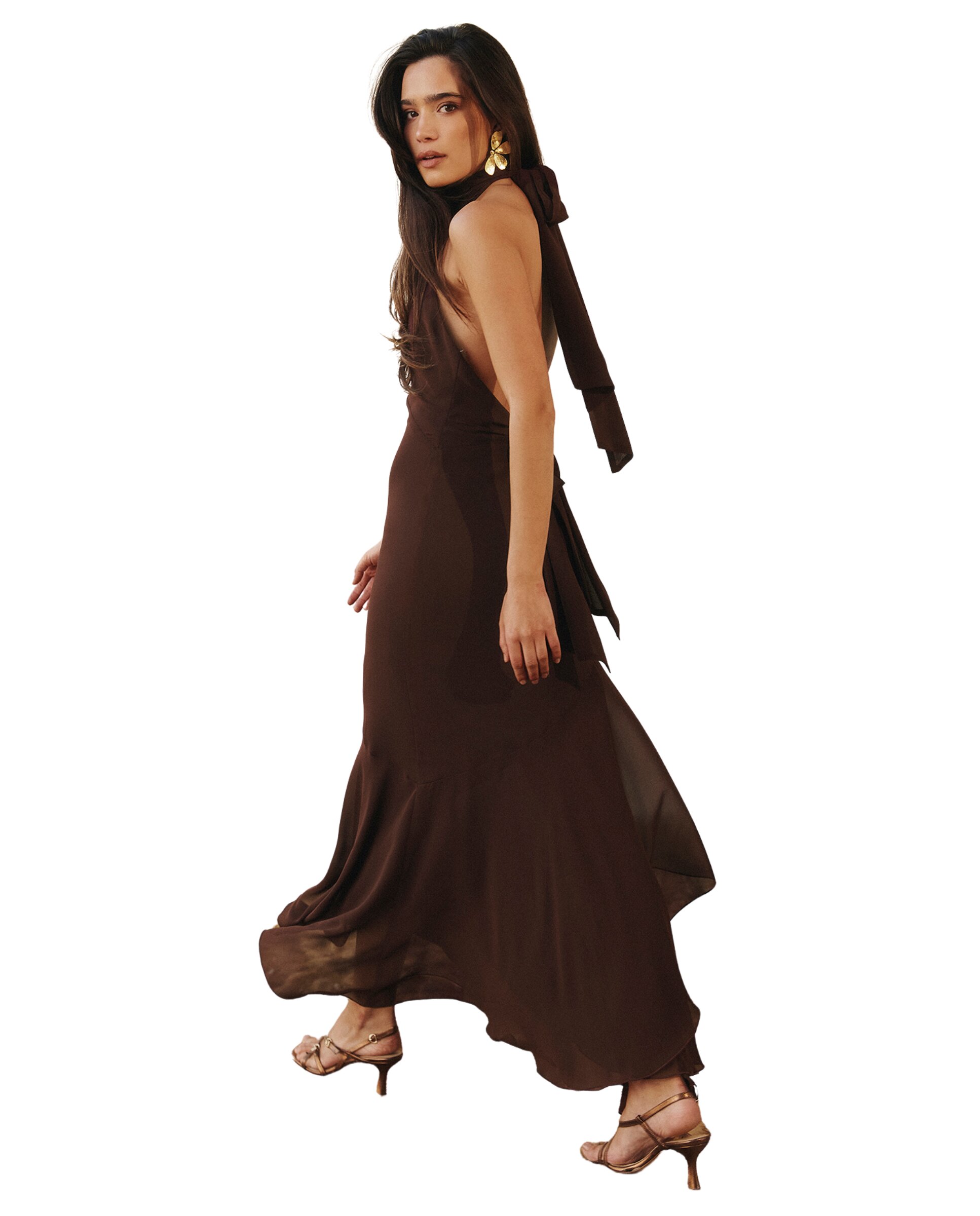 Vestido midi con cuello halter y espalda descubierta - MIPHAI - Marrón chocolate Marrón chocolate-3