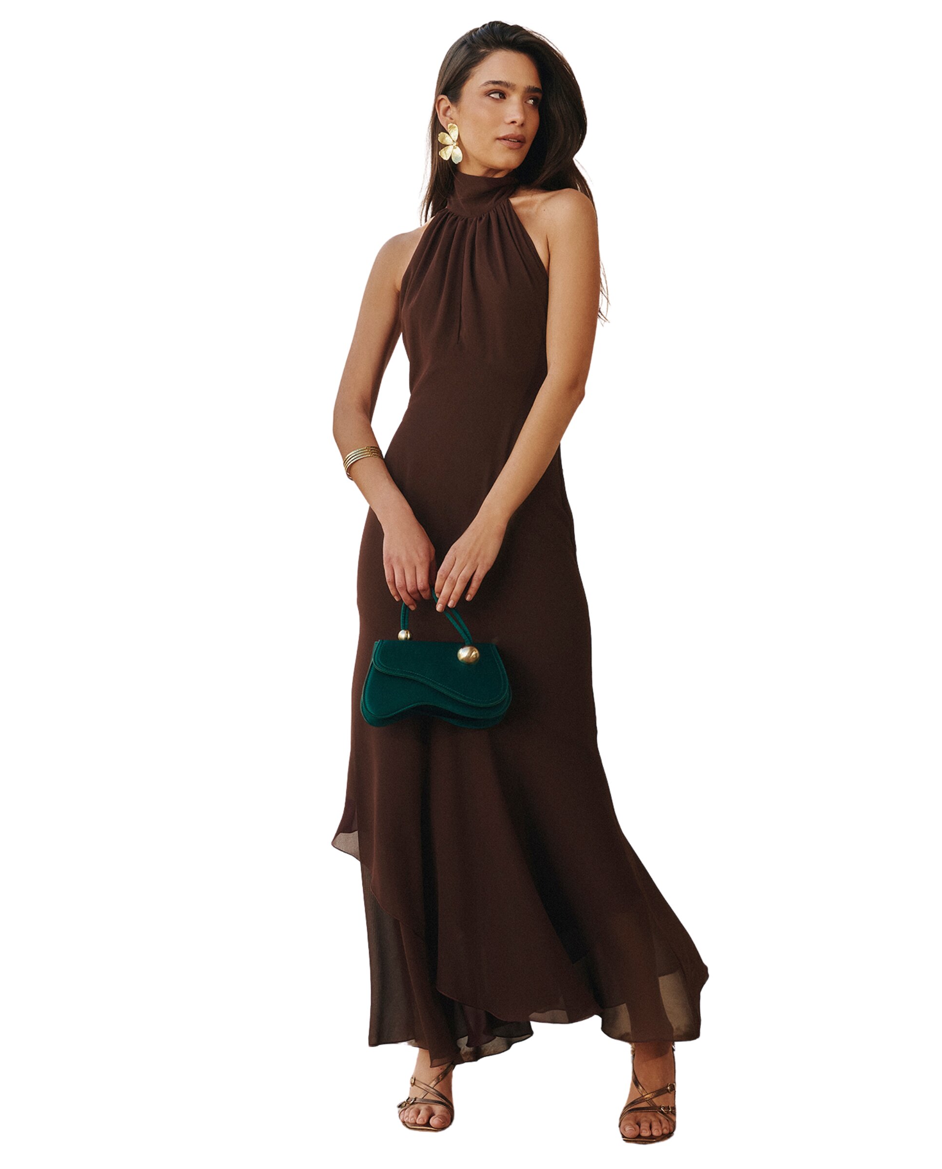 Vestido midi con cuello halter y espalda descubierta - MIPHAI - Marrón chocolate Marrón chocolate-4