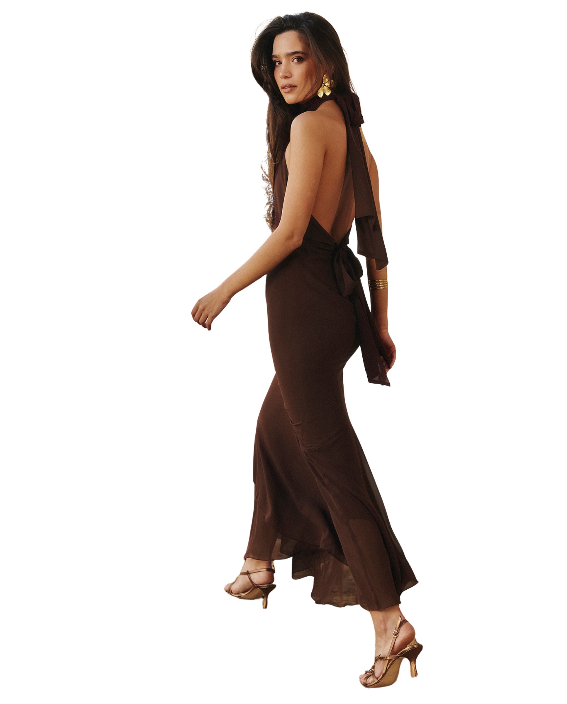 Vestido midi con cuello halter y espalda descubierta - MIPHAI - Marrón chocolate Marrón chocolate-5