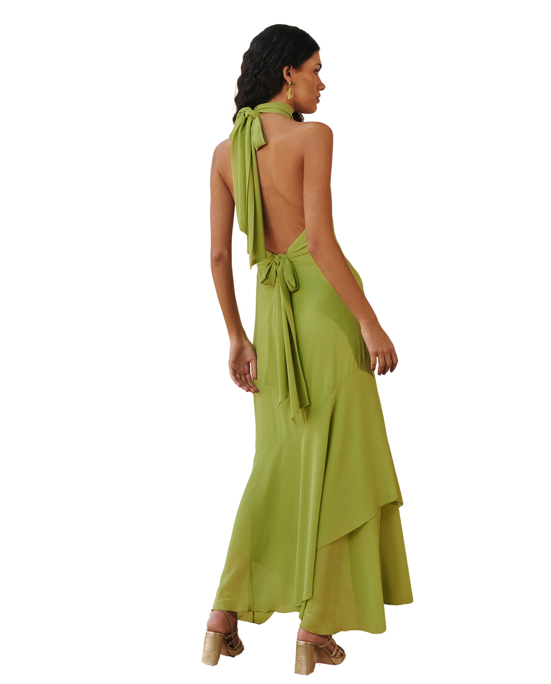 Vestido midi con cuello halter y espalda descubierta - MIPHAI - Pistacho Pistacho-2