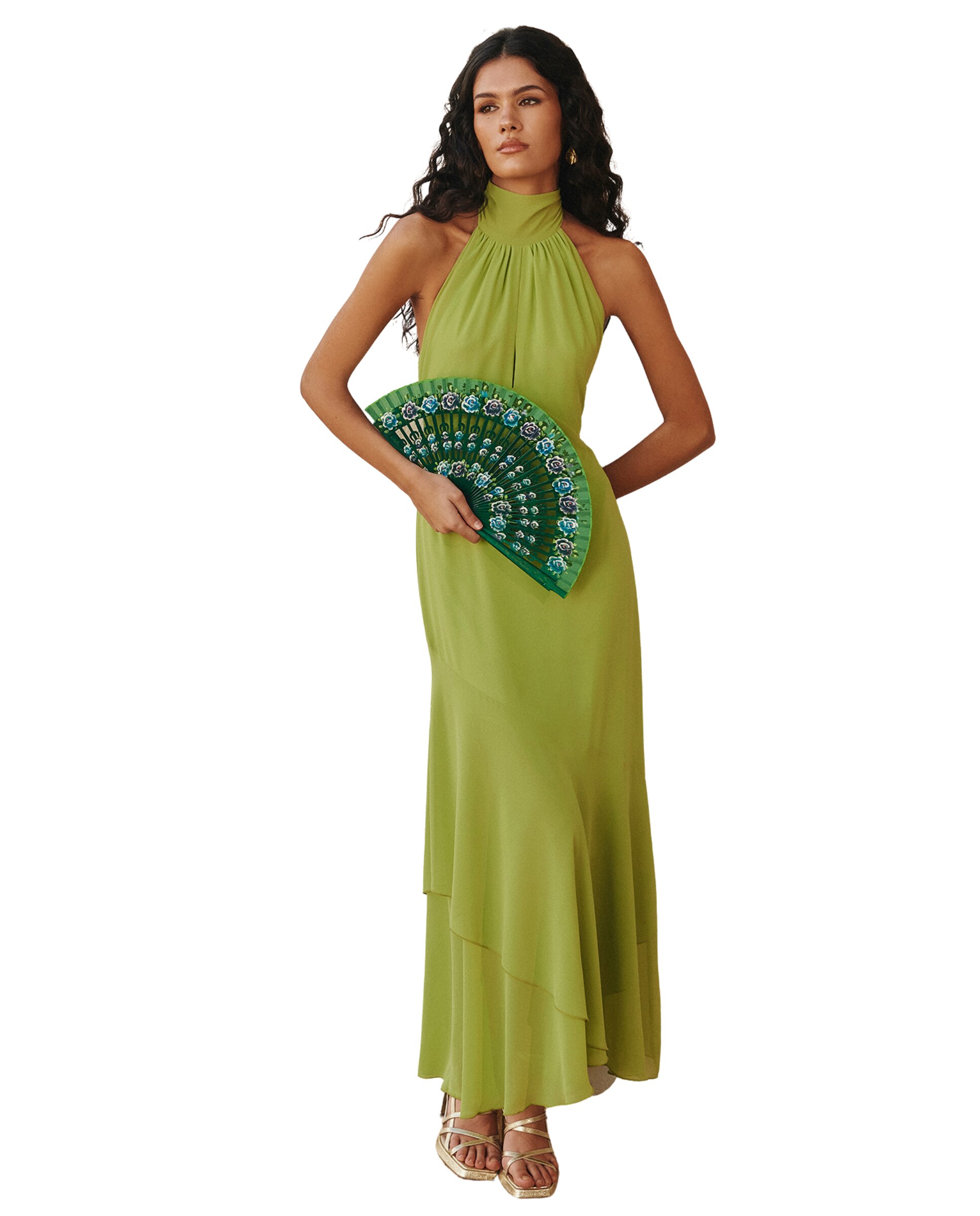 Vestido midi con cuello halter y espalda descubierta - MIPHAI - Pistacho Pistacho-3