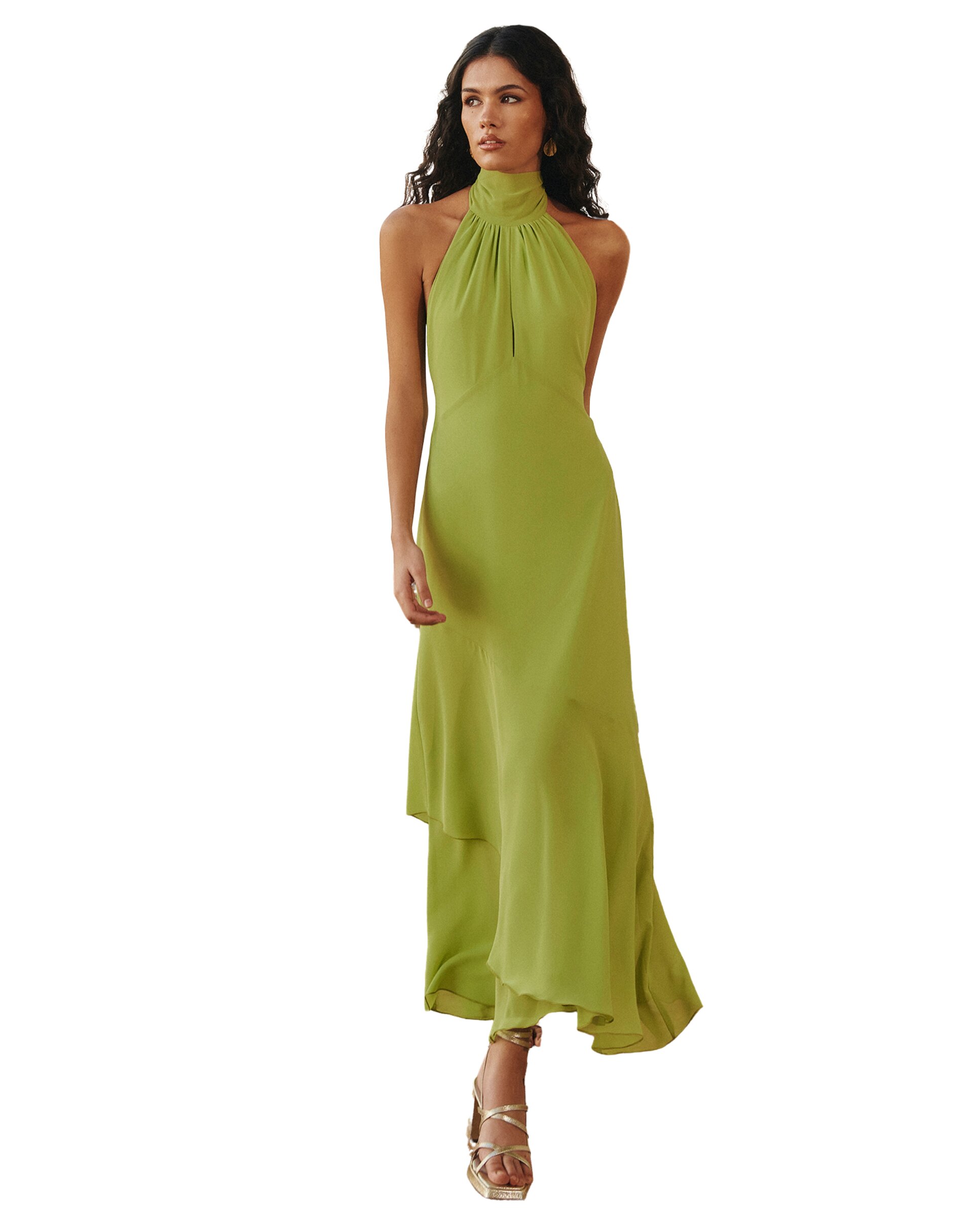 Vestido midi con cuello halter y espalda descubierta - MIPHAI - Pistacho Pistacho-4