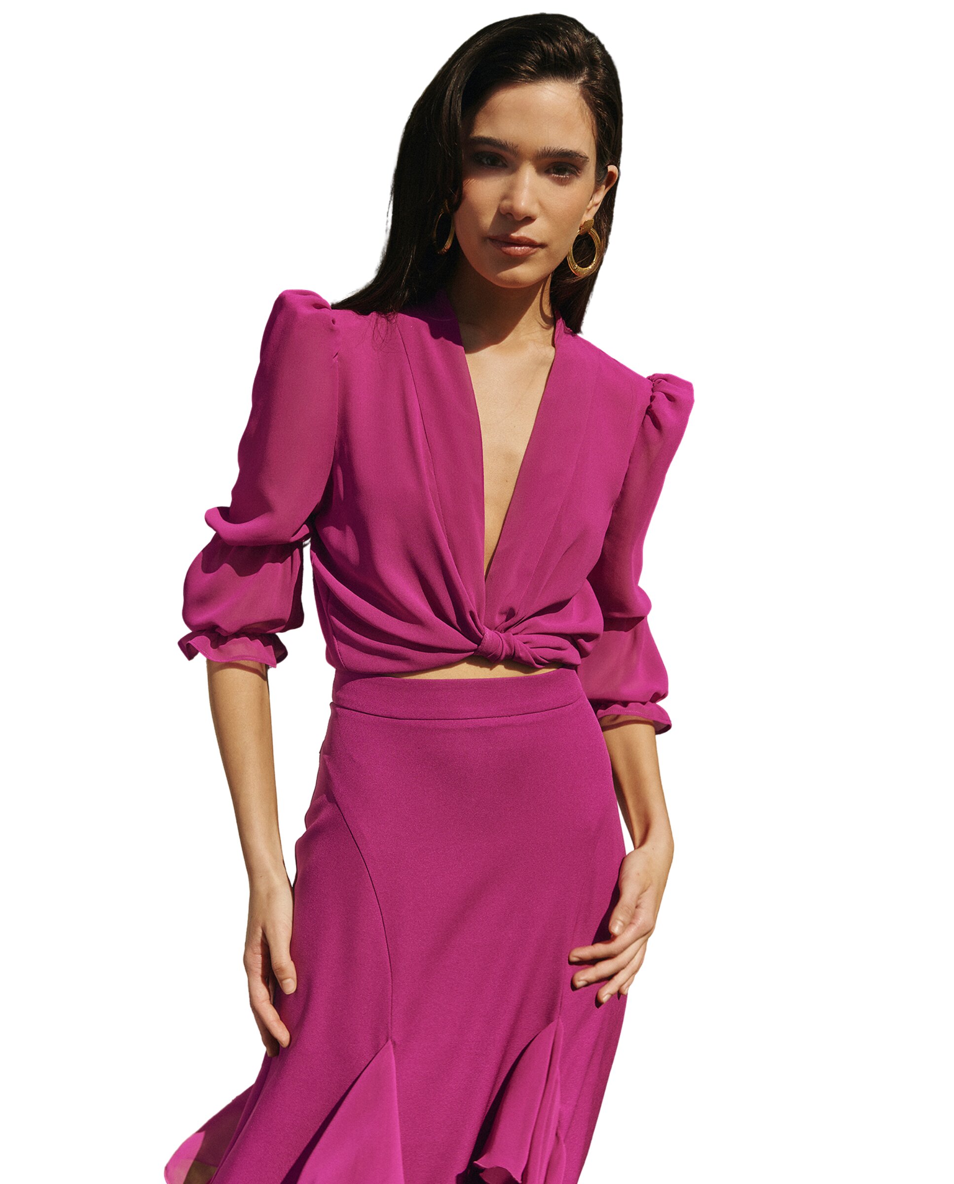 Top de mujer con escote anudado y mangas abullonadas - MIPHAI - Fucsia Fucsia-1
