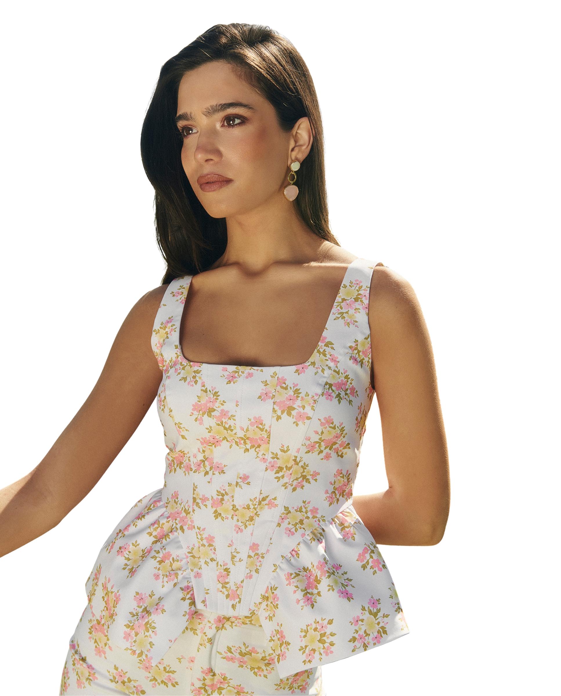 Top de mujer de algodón con estampado floral - MIPHAI - Blanco Blanco-1