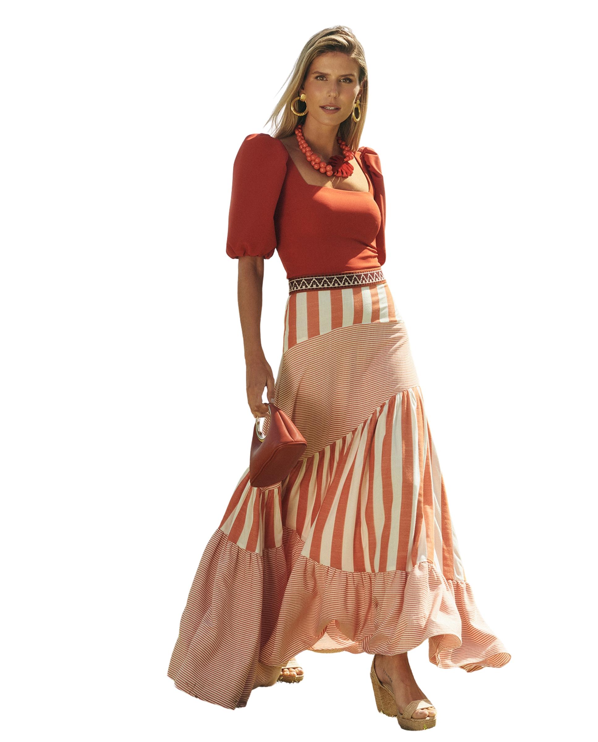 MIPHAI - Falda larga boho-chic con estampado de rayas.