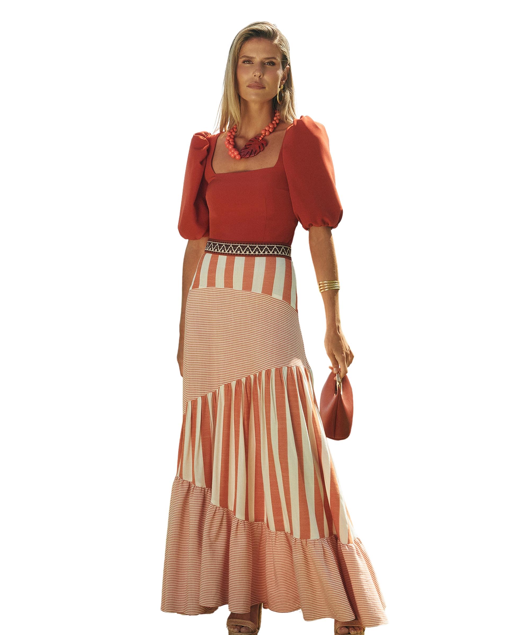 Falda larga boho-chic con estampado de rayas - MIPHAI - Teja Teja-3