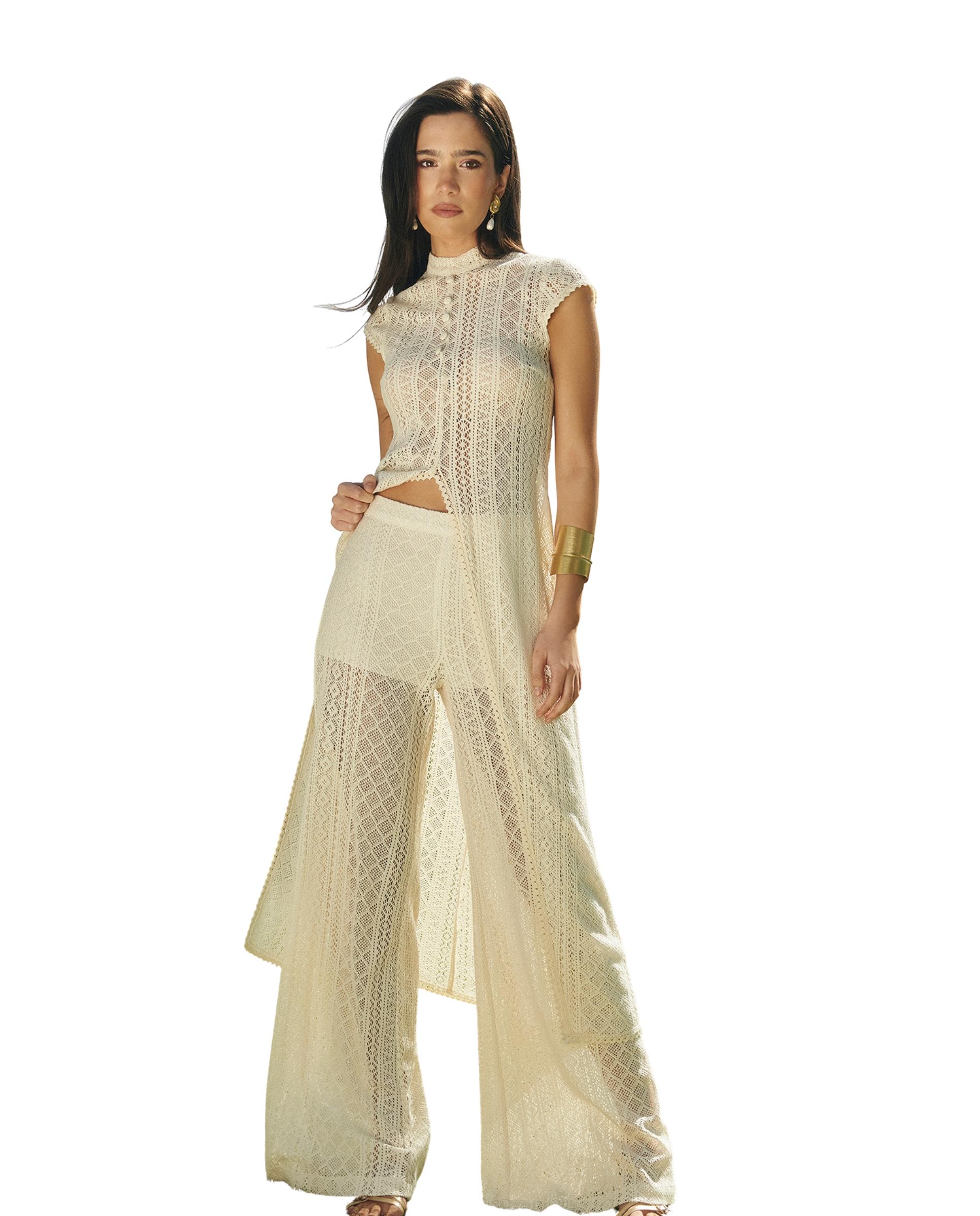 MIPHAI - Pantalones anchos de mujer de punto calado.