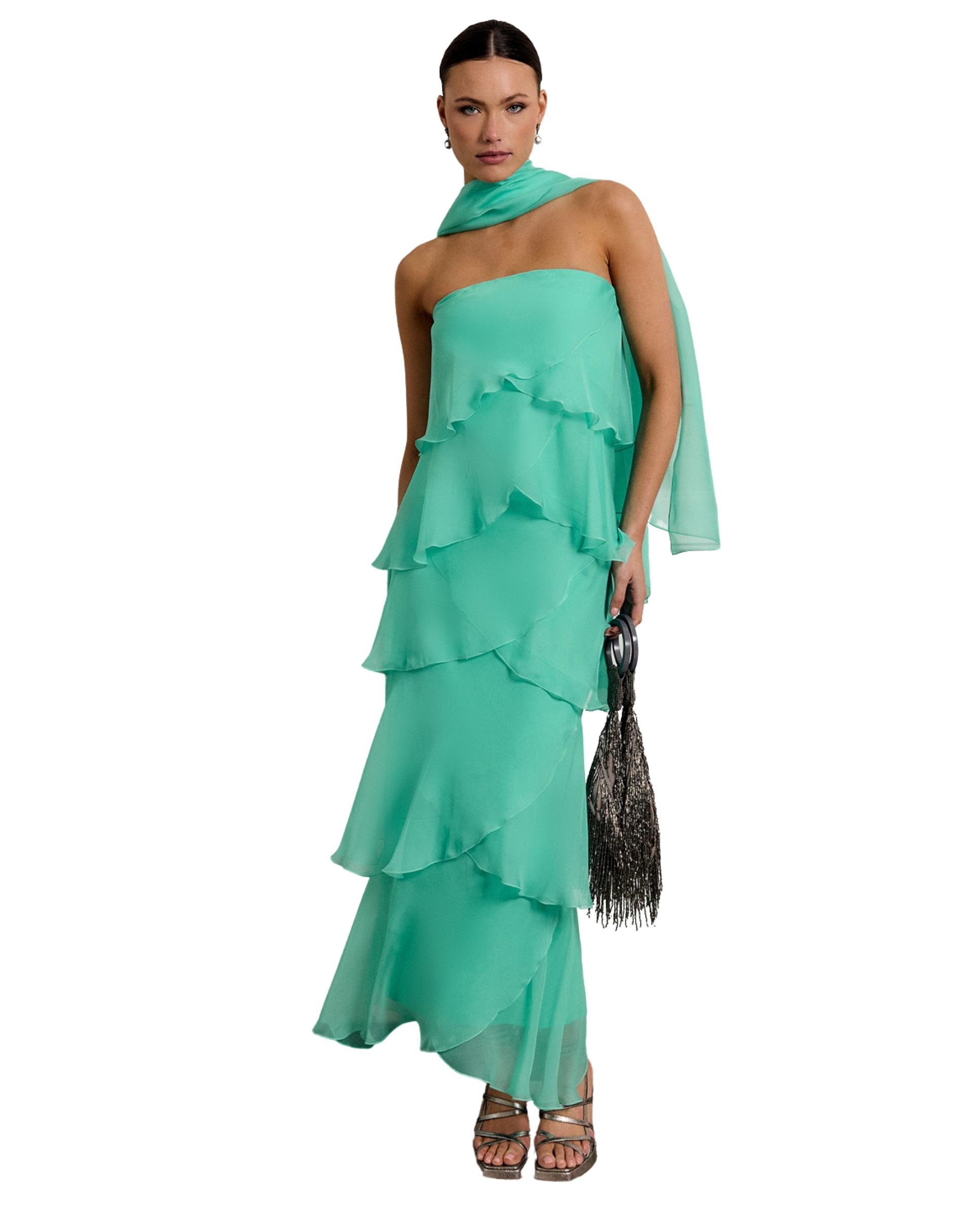 MIPHAI - Vestido largo con capas superpuestas y escote palabtra de honor.