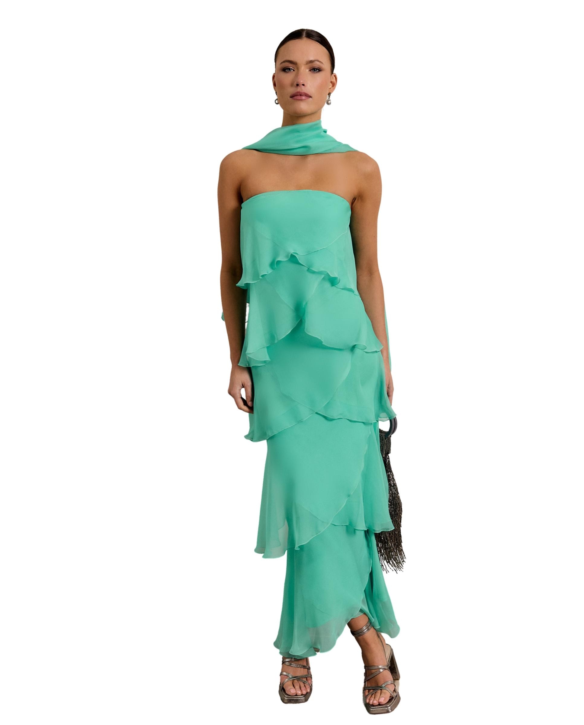 Vestido largo con capas superpuestas y escote palabtra de honor - MIPHAI - Verde azulado Verde azulado-2