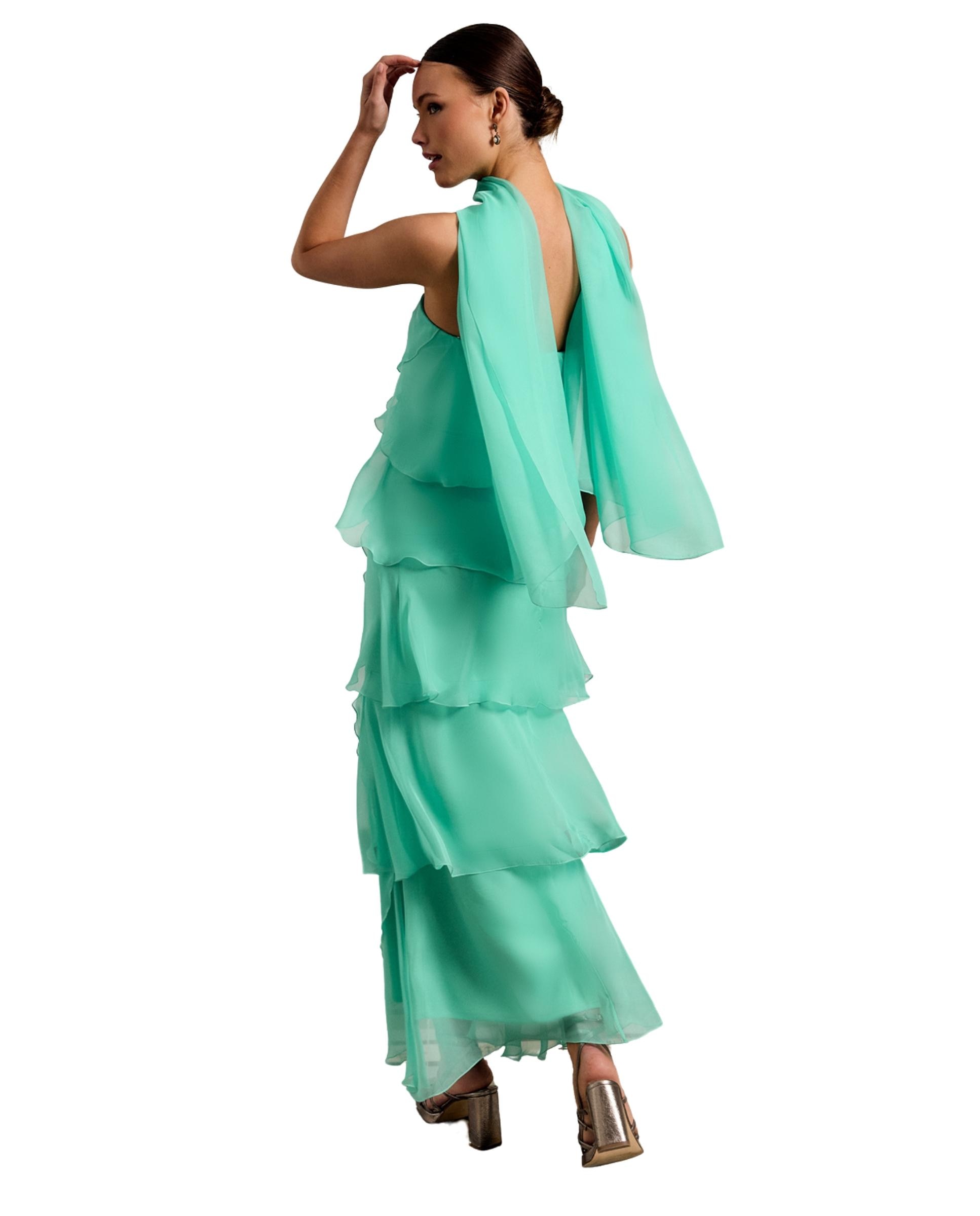 Vestido largo con capas superpuestas y escote palabtra de honor - MIPHAI - Verde azulado Verde azulado-3