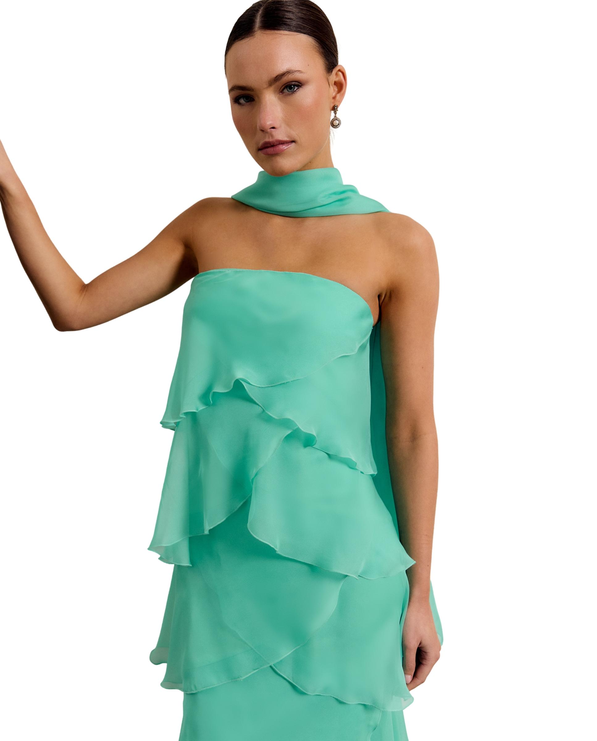 Vestido largo con capas superpuestas y escote palabtra de honor - MIPHAI - Verde azulado Verde azulado-4