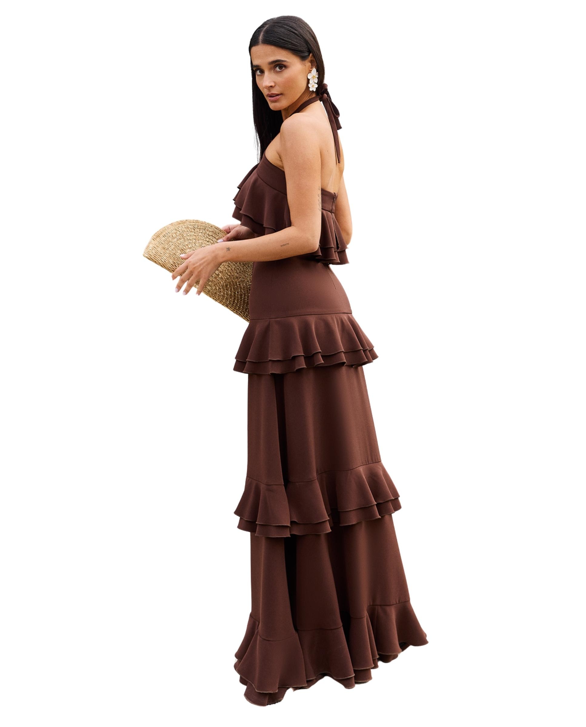 Vestido largo con cuello halter y volantes en cascada - MIPHAI - Marrón Marrón-1