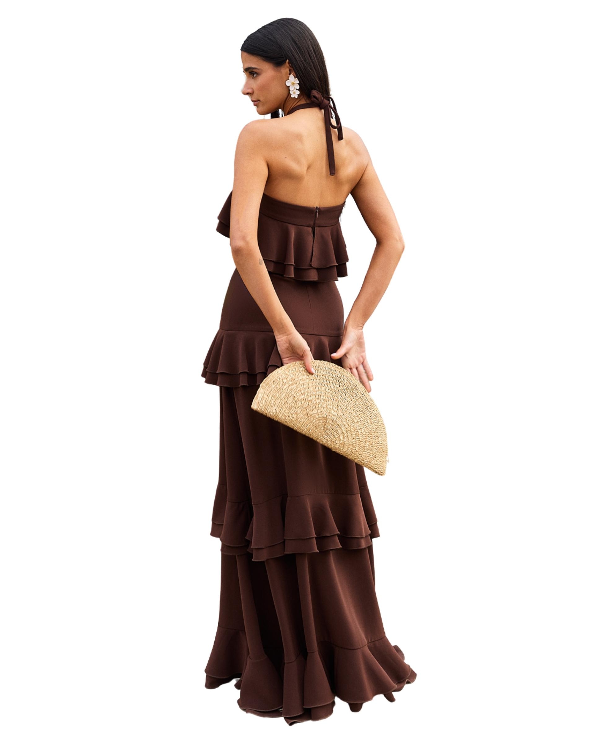 Vestido largo con cuello halter y volantes en cascada - MIPHAI - Marrón Marrón-4