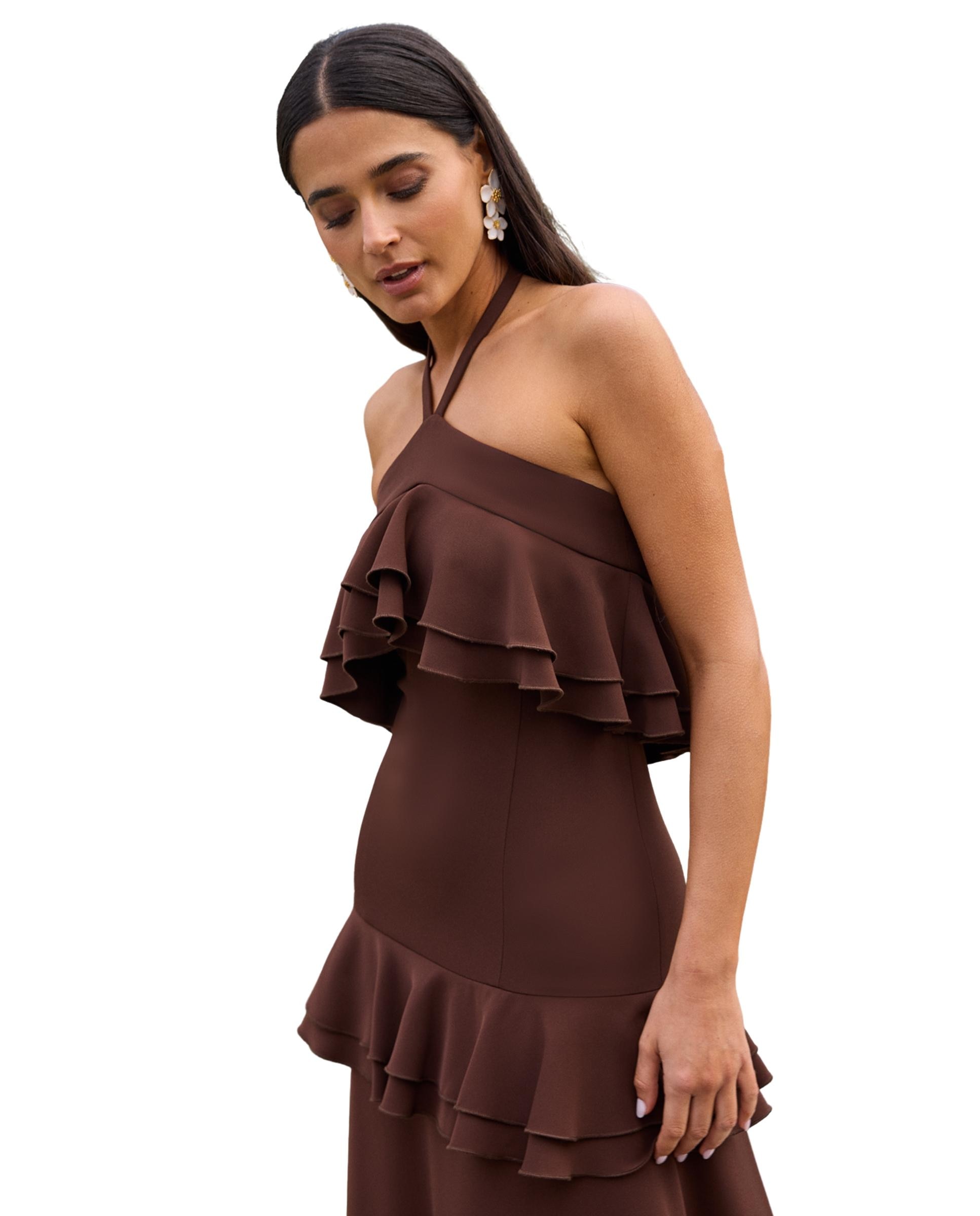 Vestido largo con cuello halter y volantes en cascada - MIPHAI - Marrón Marrón-5