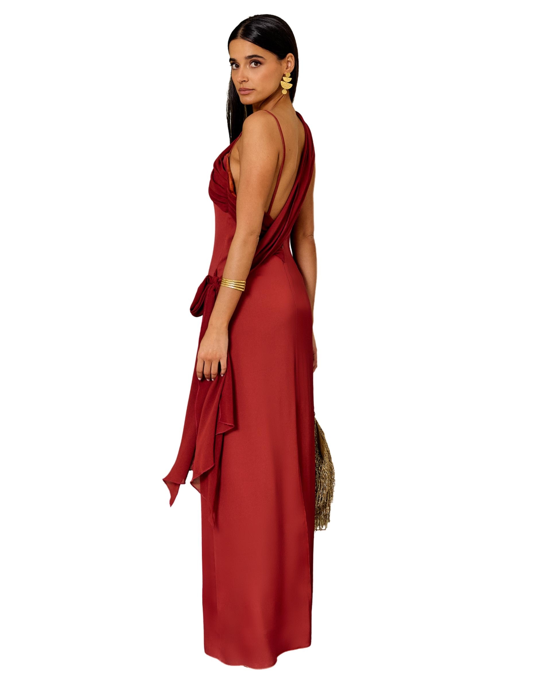 Vestido largo de corte recto con escote asimétrico - MIPHAI - Teja Teja-2