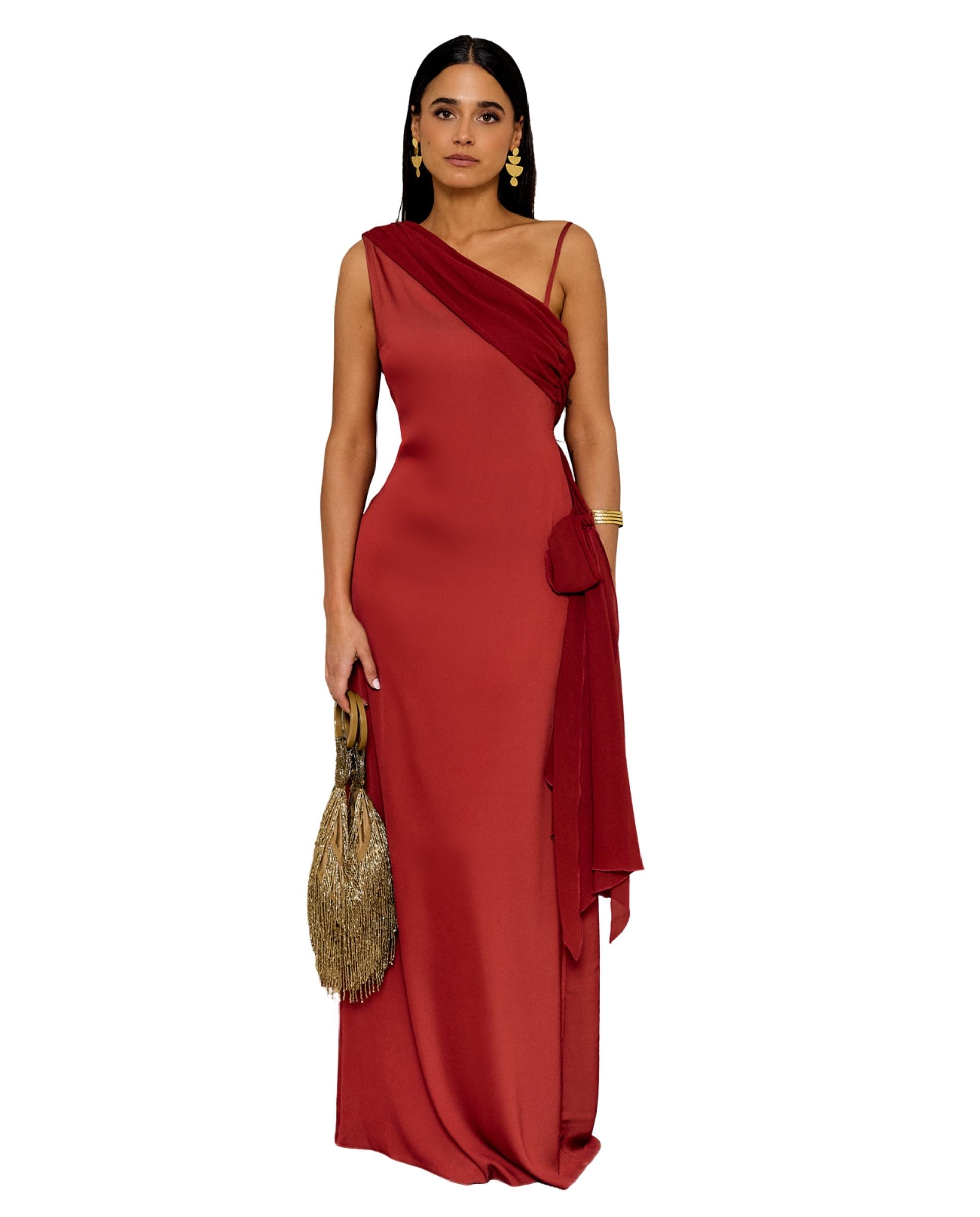 Vestido largo de corte recto con escote asimétrico - MIPHAI - Teja Teja-3