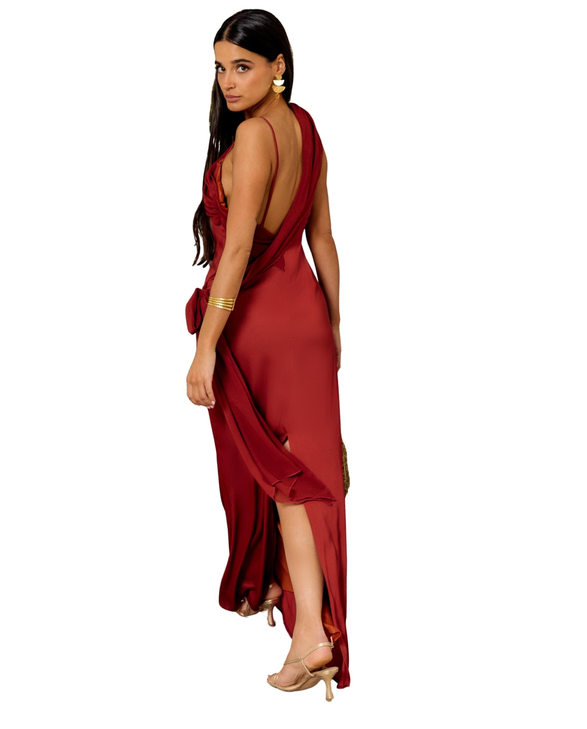 Vestido largo de corte recto con escote asimétrico - MIPHAI - Teja Teja-4