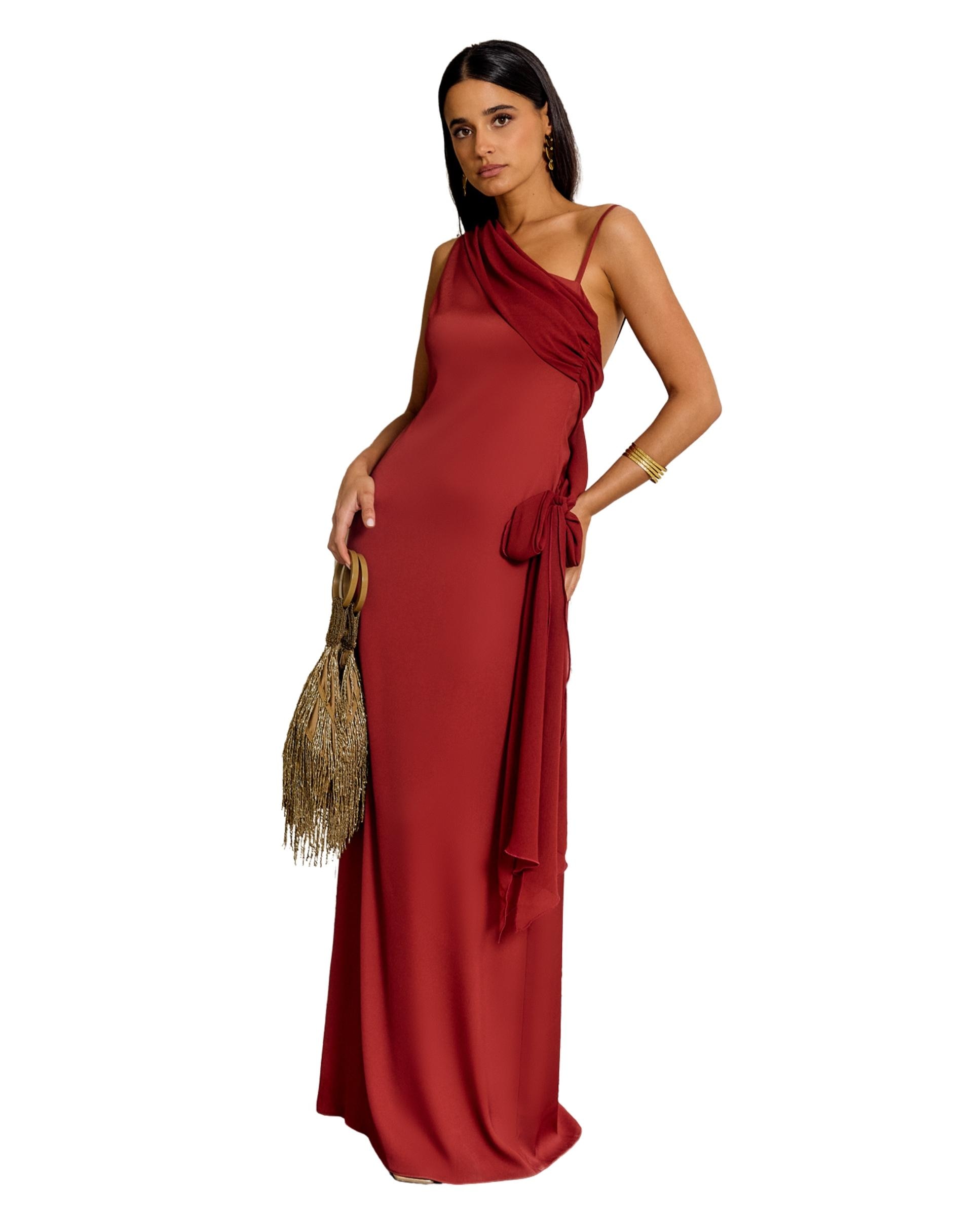 Vestido largo de corte recto con escote asimétrico - MIPHAI - Teja Teja-5