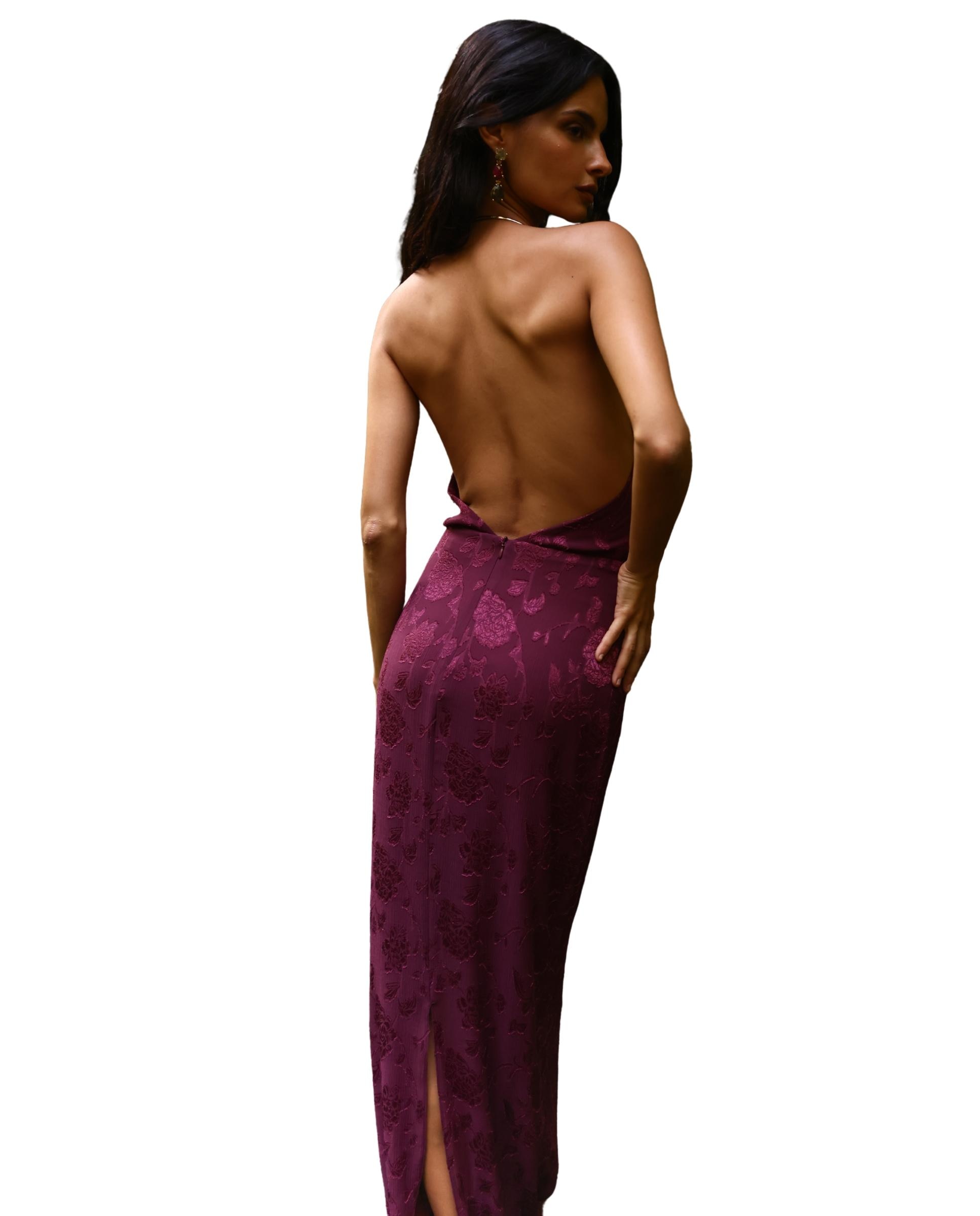 Vestido largo jacquard con cuello halter - MIPHAI - Berenjena Berenjena-2