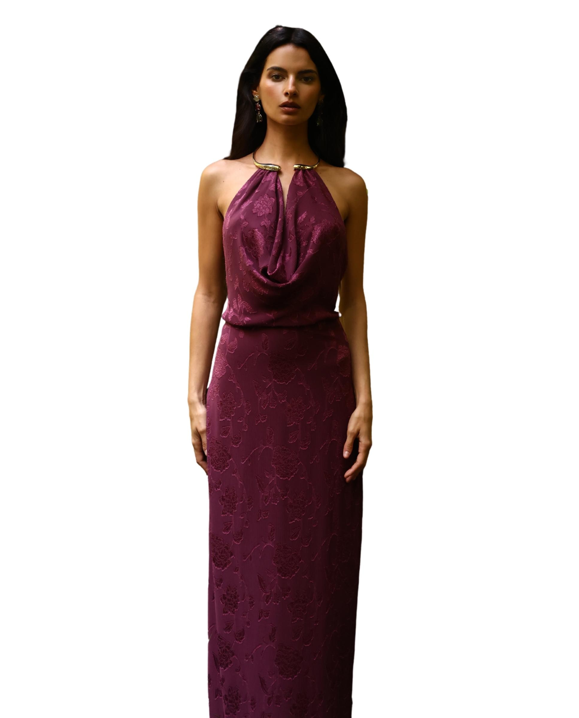 Vestido largo jacquard con cuello halter - MIPHAI - Berenjena Berenjena-3