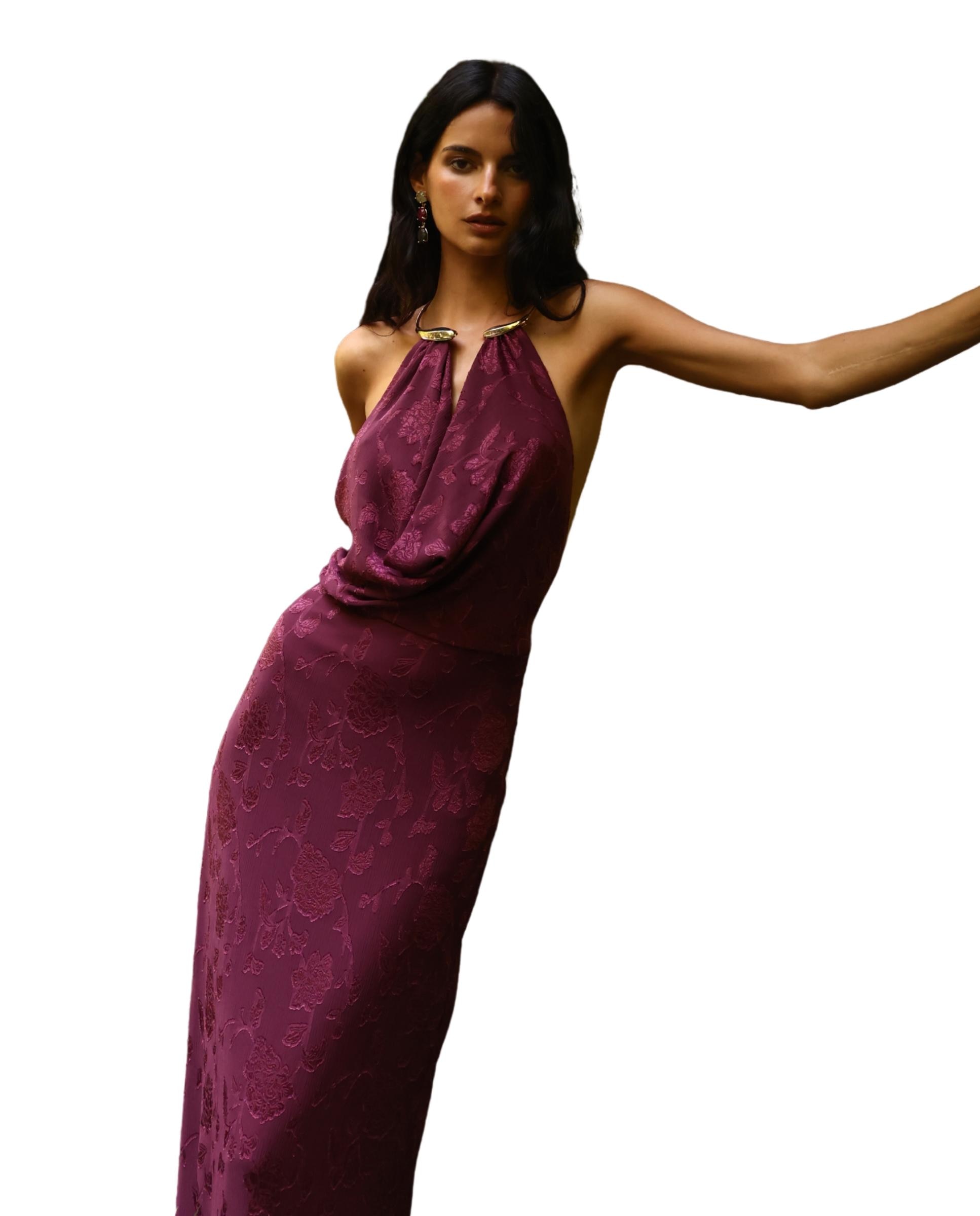 Vestido largo jacquard con cuello halter - MIPHAI - Berenjena Berenjena-4