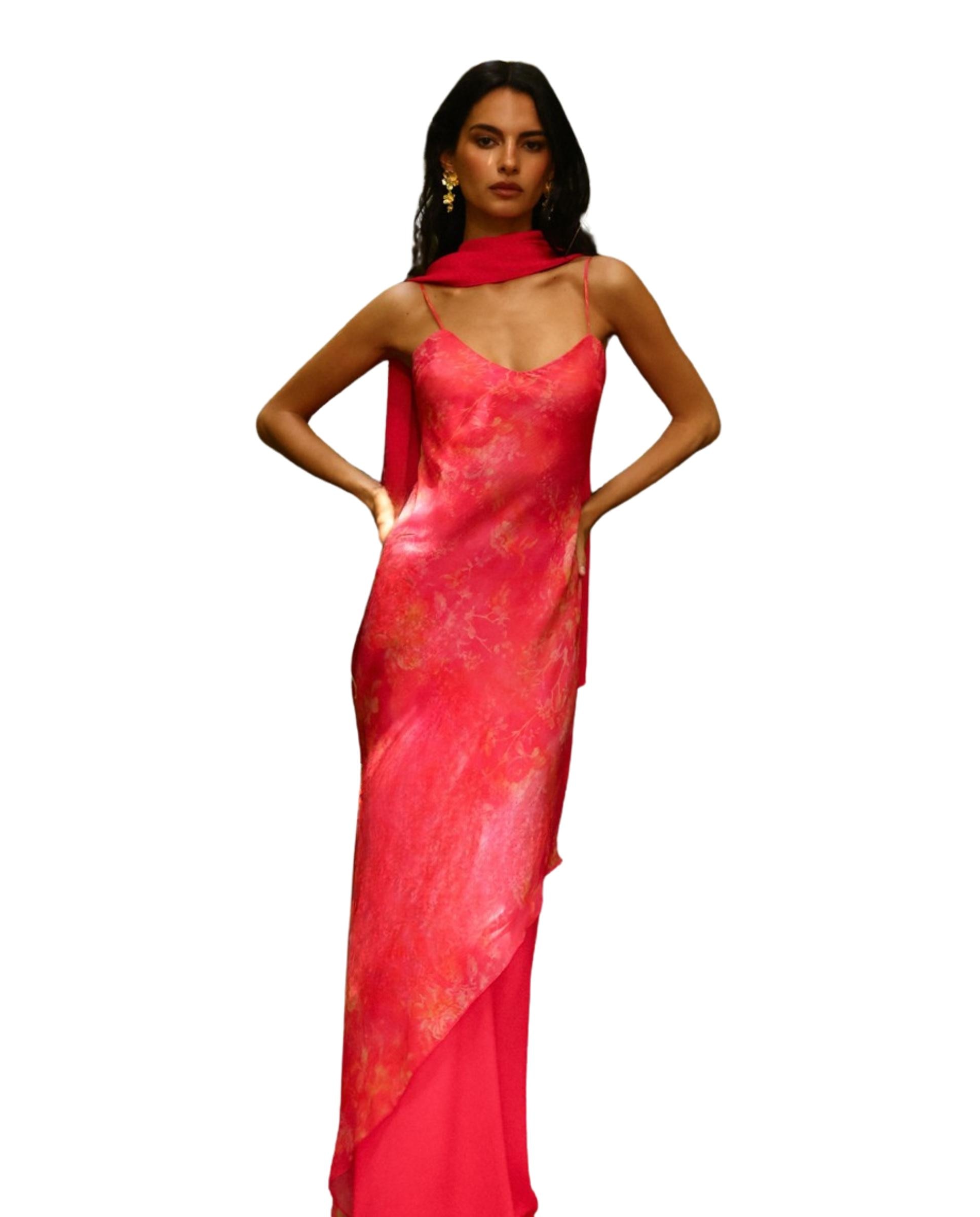 Vestido largo estampado de corte asimétrico en el bajo - MIPHAI - Fucsia Fucsia-1