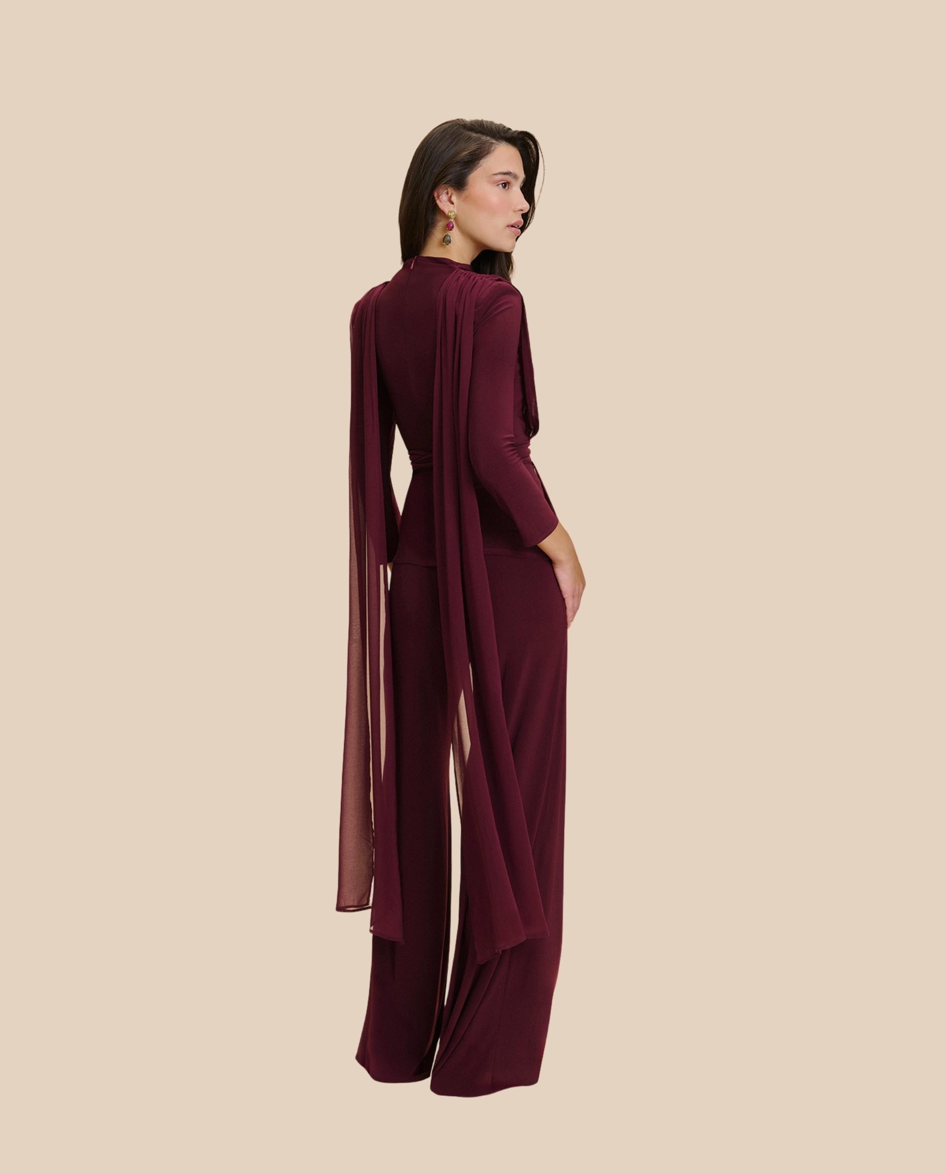 Pantalón ancho de mujer de tiro alto y pata de elefante - MIPHAI - Berenjena Berenjena-2