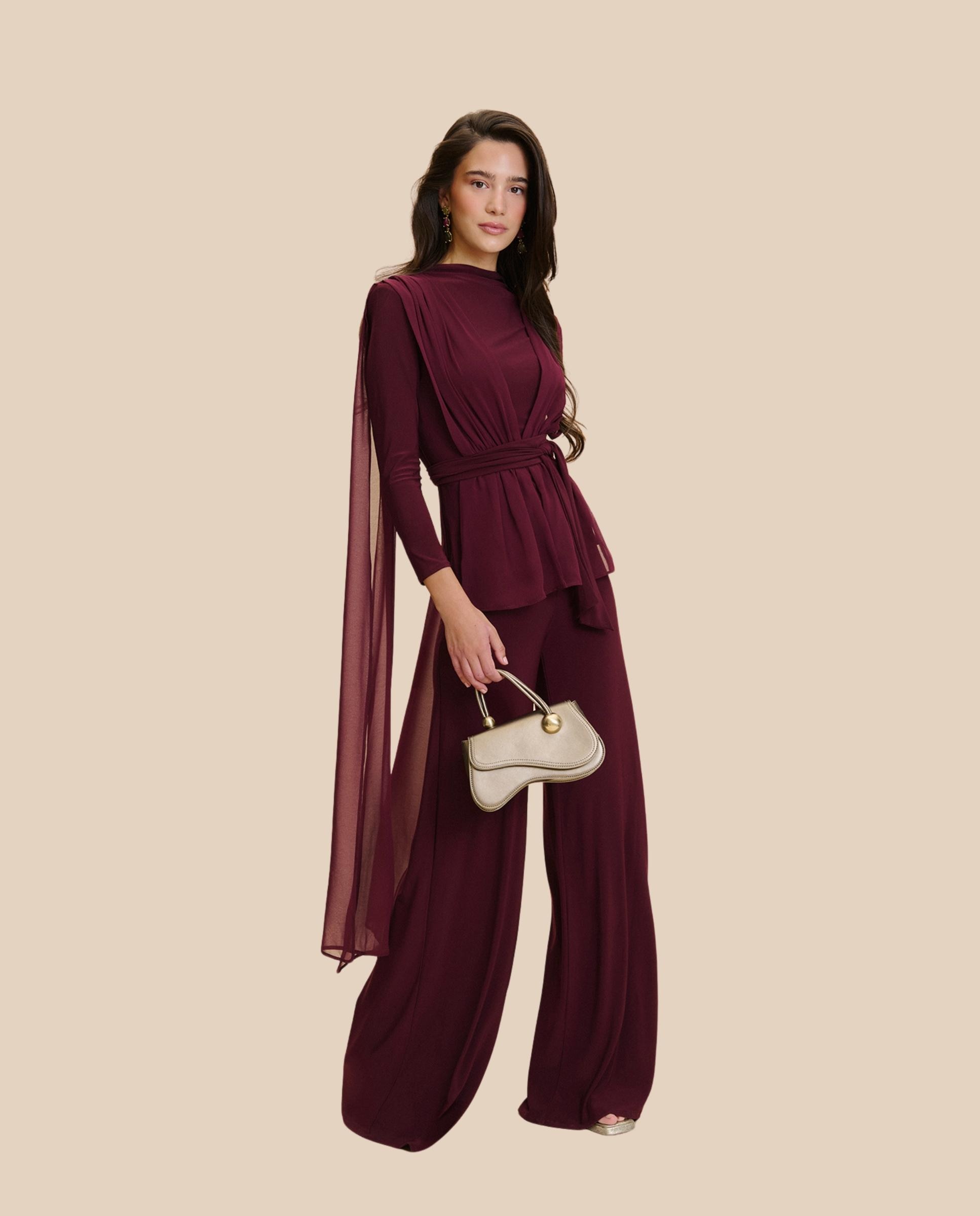 Pantalón ancho de mujer de tiro alto y pata de elefante - MIPHAI - Berenjena Berenjena-4