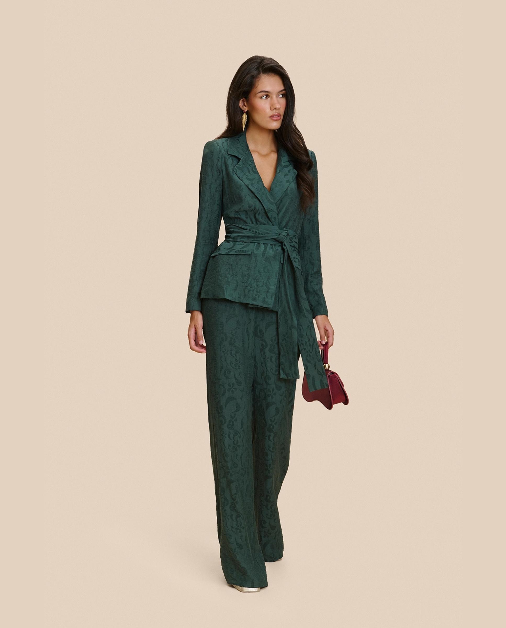 Blazer de mujer jacquard con fajín a juego - MIPHAI - Verde morado Verde morado-1