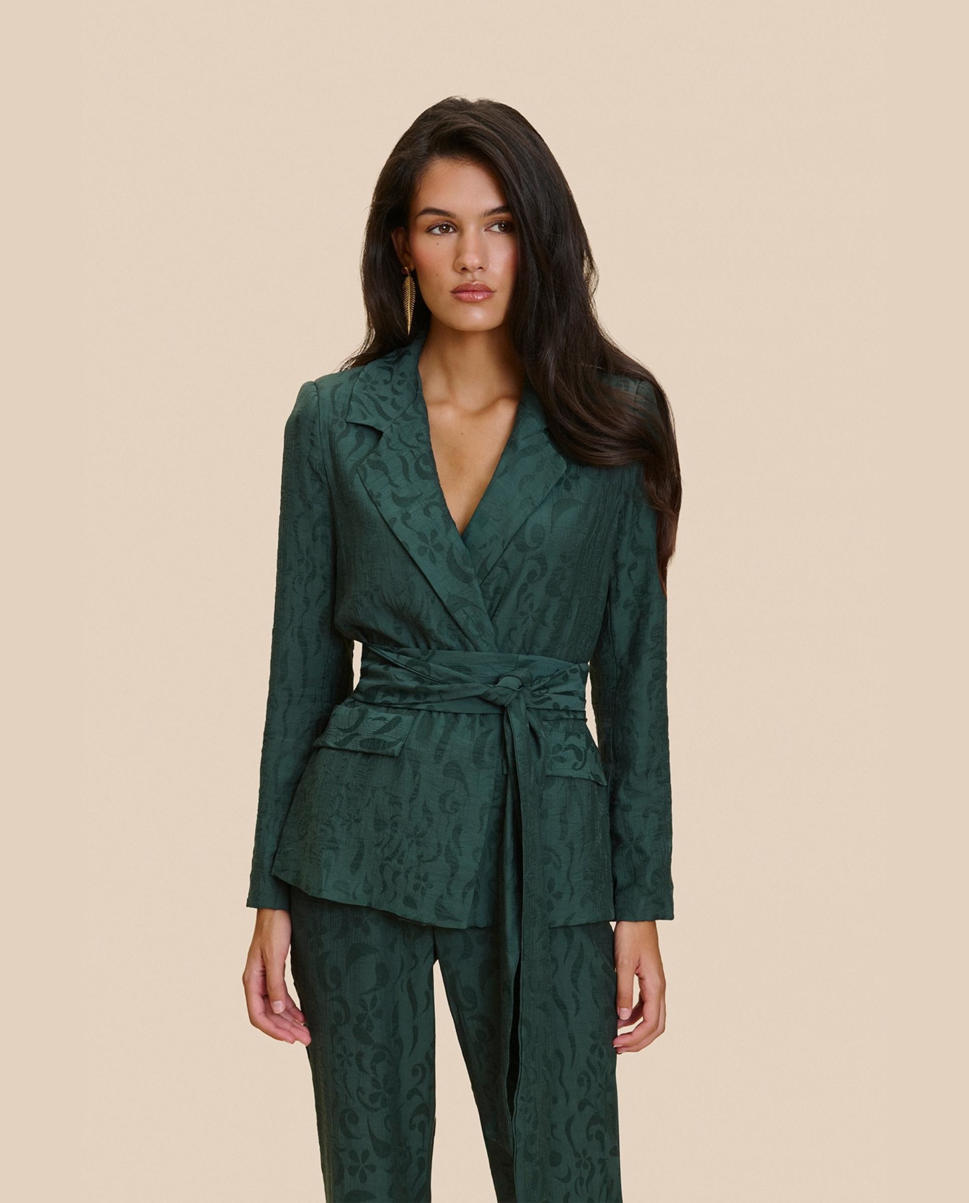 Blazer de mujer jacquard con fajín a juego - MIPHAI - Verde morado Verde morado-2