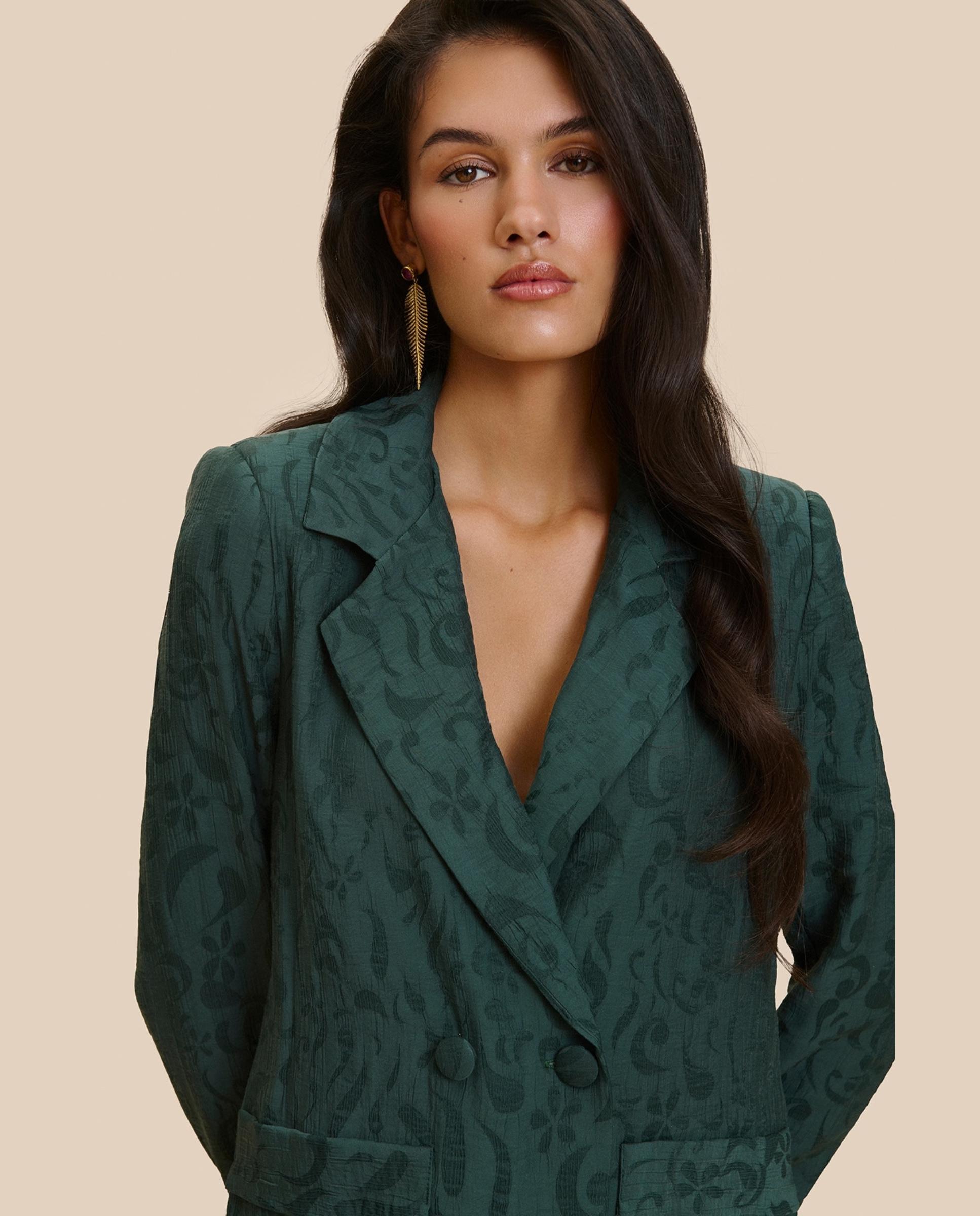 Blazer de mujer jacquard con fajín a juego - MIPHAI - Verde morado Verde morado-3