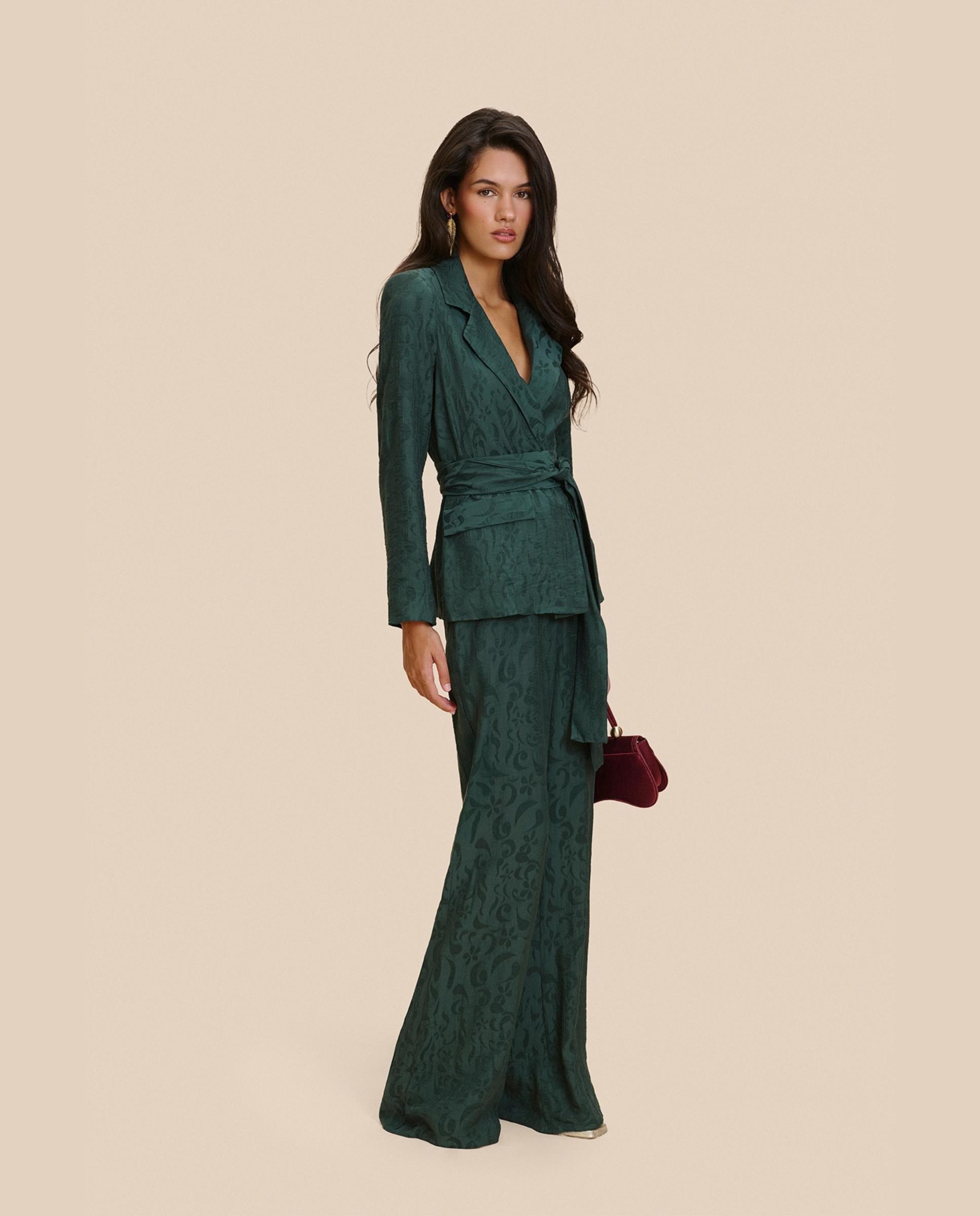 Blazer de mujer jacquard con fajín a juego - MIPHAI - Verde morado Verde morado-5