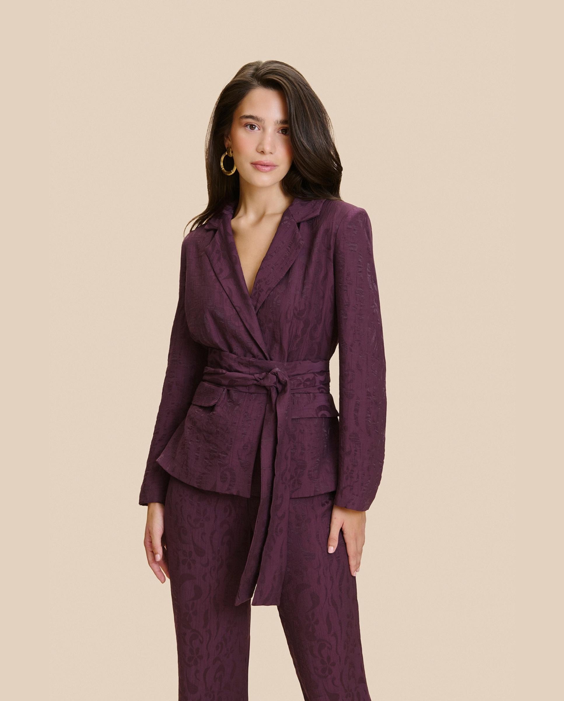 Blazer de mujer jacquard con fajín a juego - MIPHAI - Berenjena Berenjena-2