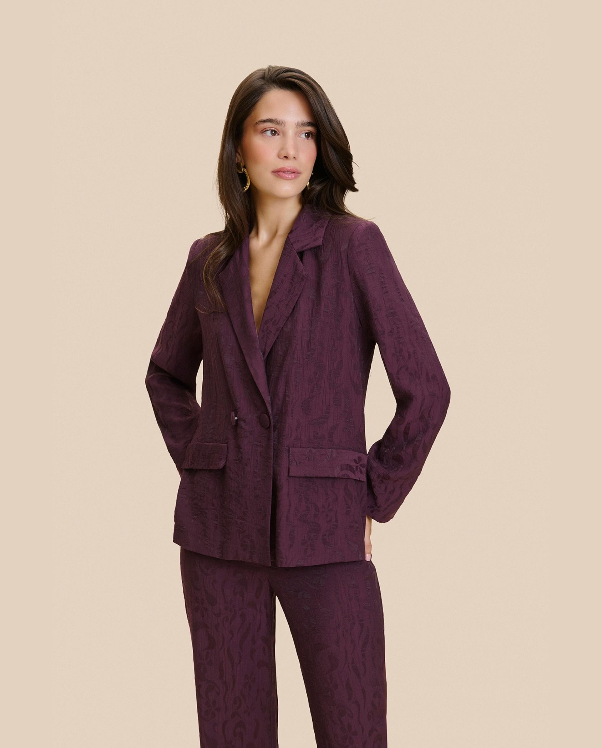 Blazer de mujer jacquard con fajín a juego - MIPHAI - Berenjena Berenjena-3
