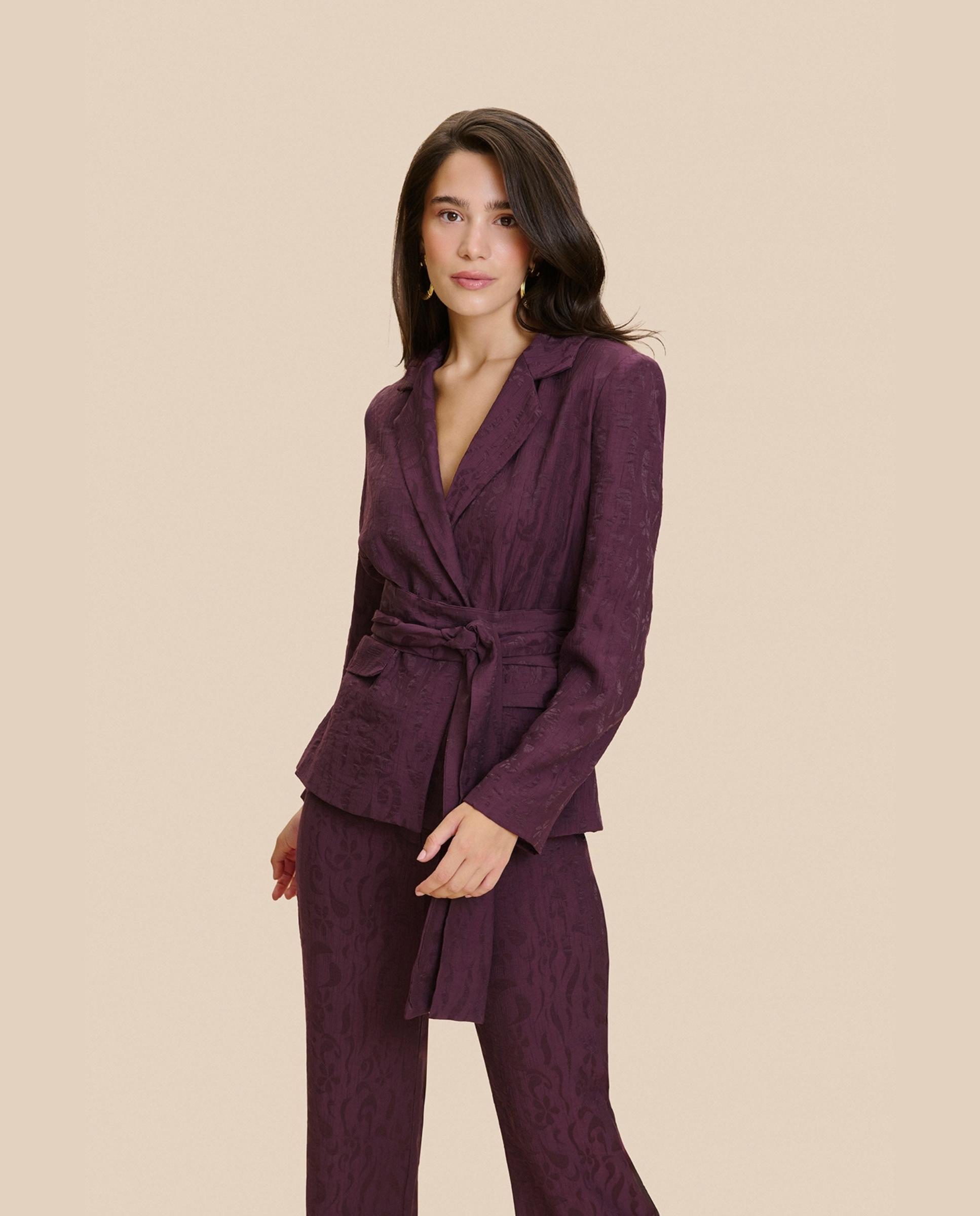 Blazer de mujer jacquard con fajín a juego - MIPHAI - Berenjena Berenjena-5