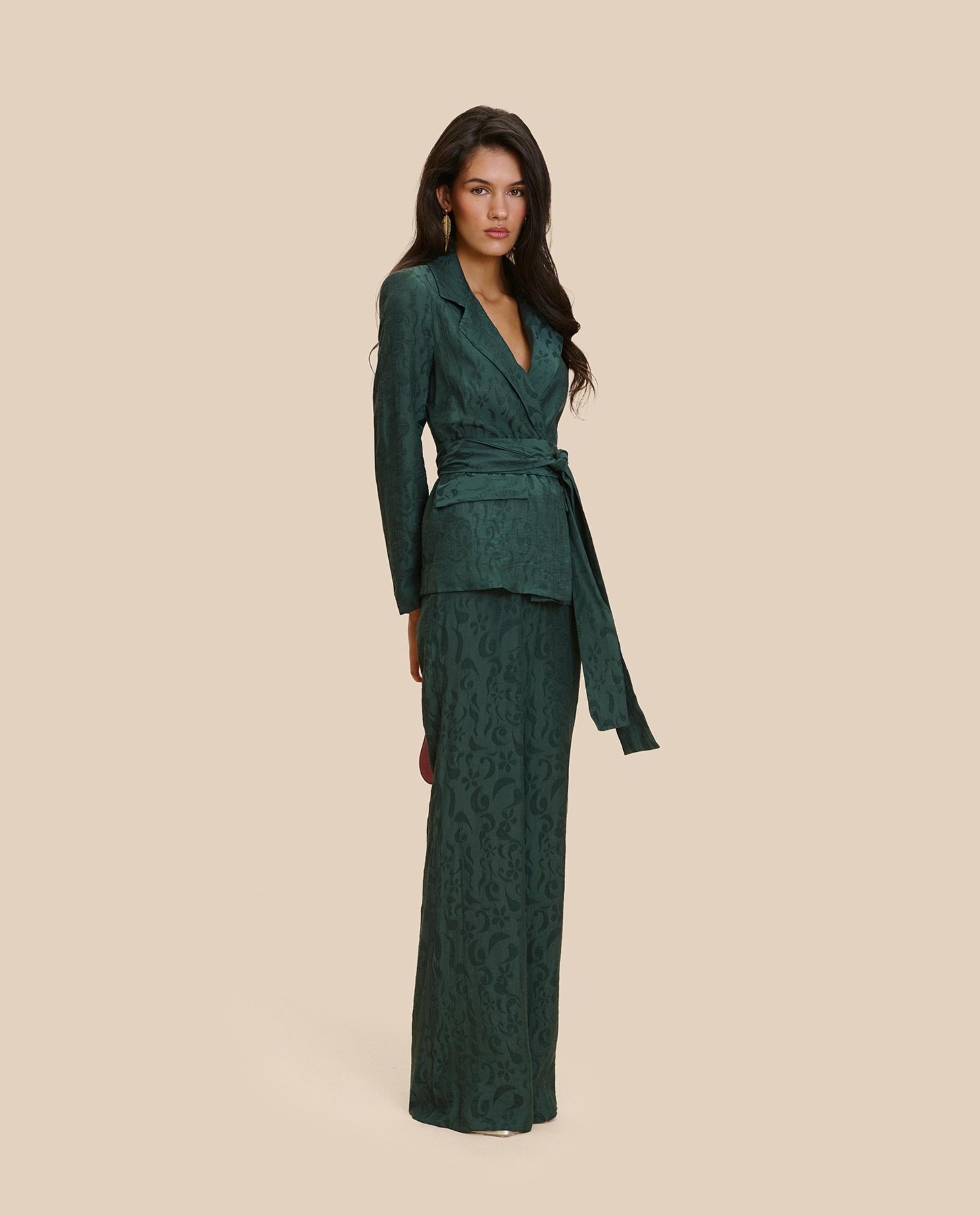 Pantalón de vestir de mujer jacquard con bajo acampanado - MIPHAI - Verde morado Verde morado-4