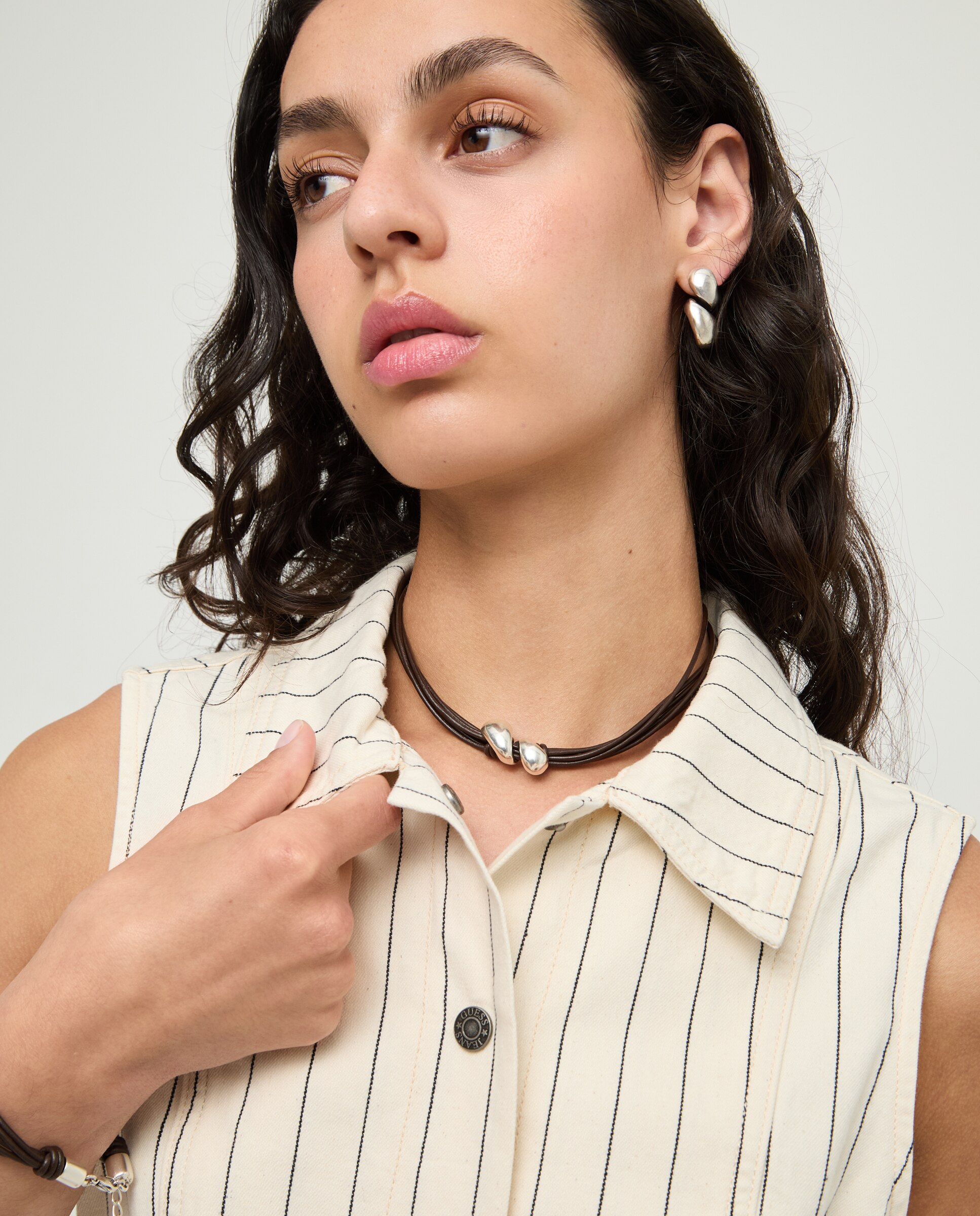 Collar de cuero con dos gotas bañadas en - UNO de 50 - Plata Plata-5