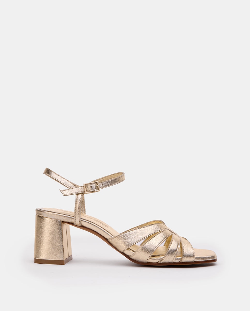 Sandalias de tacón de mujer con tiras cruzadas y pulsera con hebilla ajustable. - Bryan Stepwise - Dorado Dorado-1