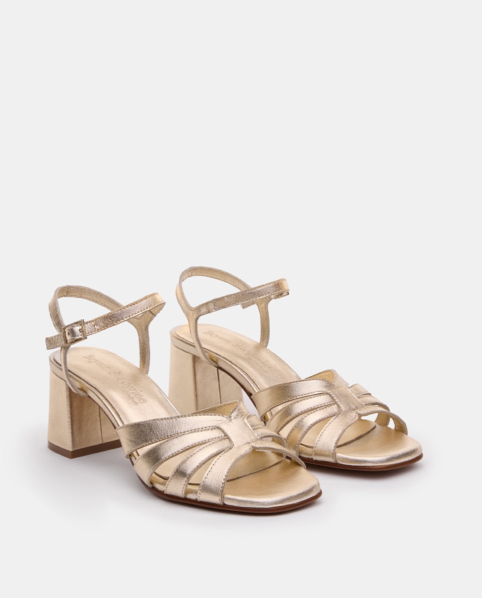 Sandalias de tacón de mujer con tiras cruzadas y pulsera con hebilla ajustable. - Bryan Stepwise - Dorado Dorado-4