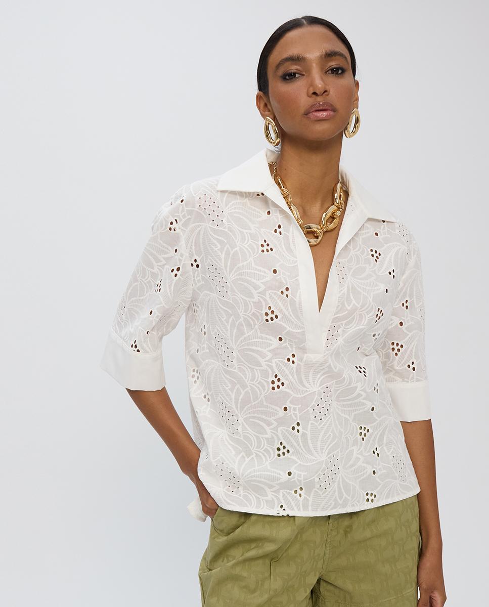 Blusa de mujer bordada con escote de pico abierto - Lola Casademunt - Blanco Blanco-1