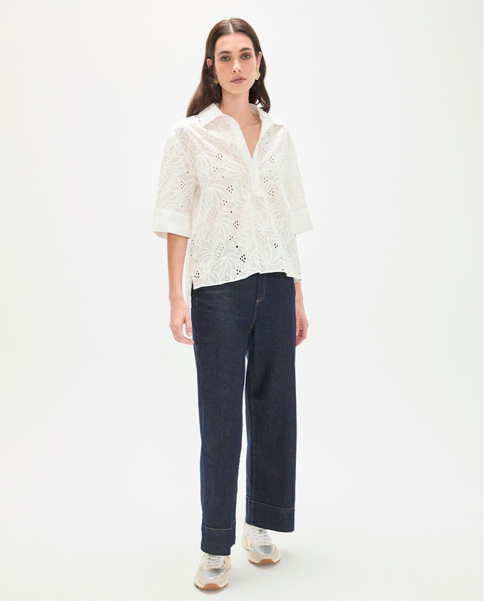 Blusa de mujer bordada con escote de pico abierto - Lola Casademunt - Blanco Blanco-2