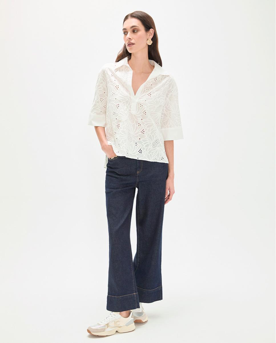 Blusa de mujer bordada con escote de pico abierto - Lola Casademunt - Blanco Blanco-6