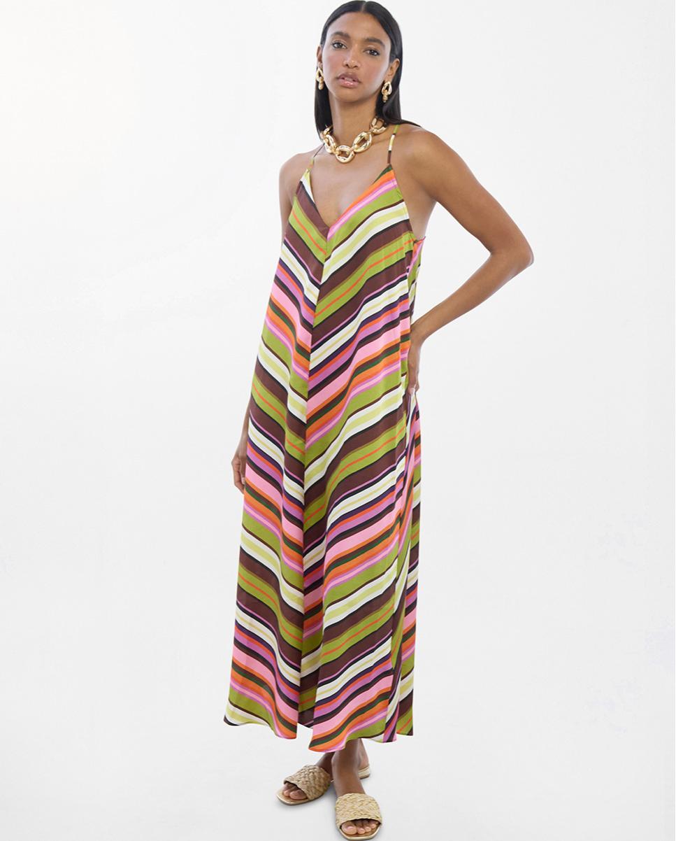 Lola Casademunt - Vestido midi satinado tirante fino print multirayas.