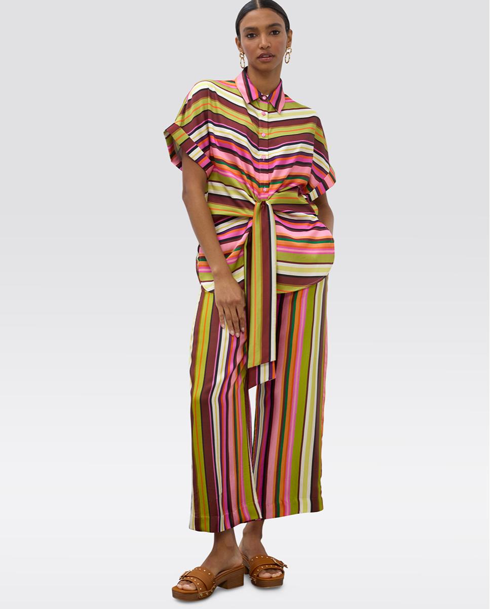 Lola Casademunt - Pantalón ancho de mujer culotte satinado multirayas.