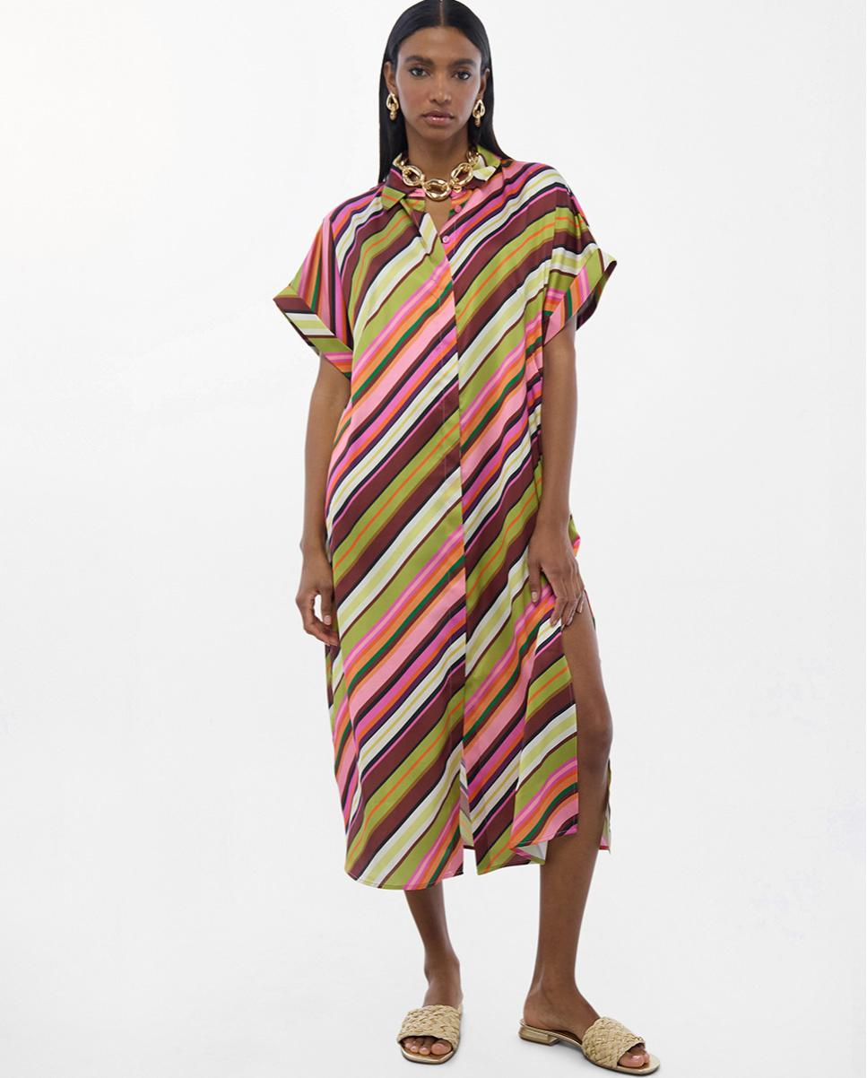 Lola Casademunt - Vestido midi satinado camisero print multirayas.