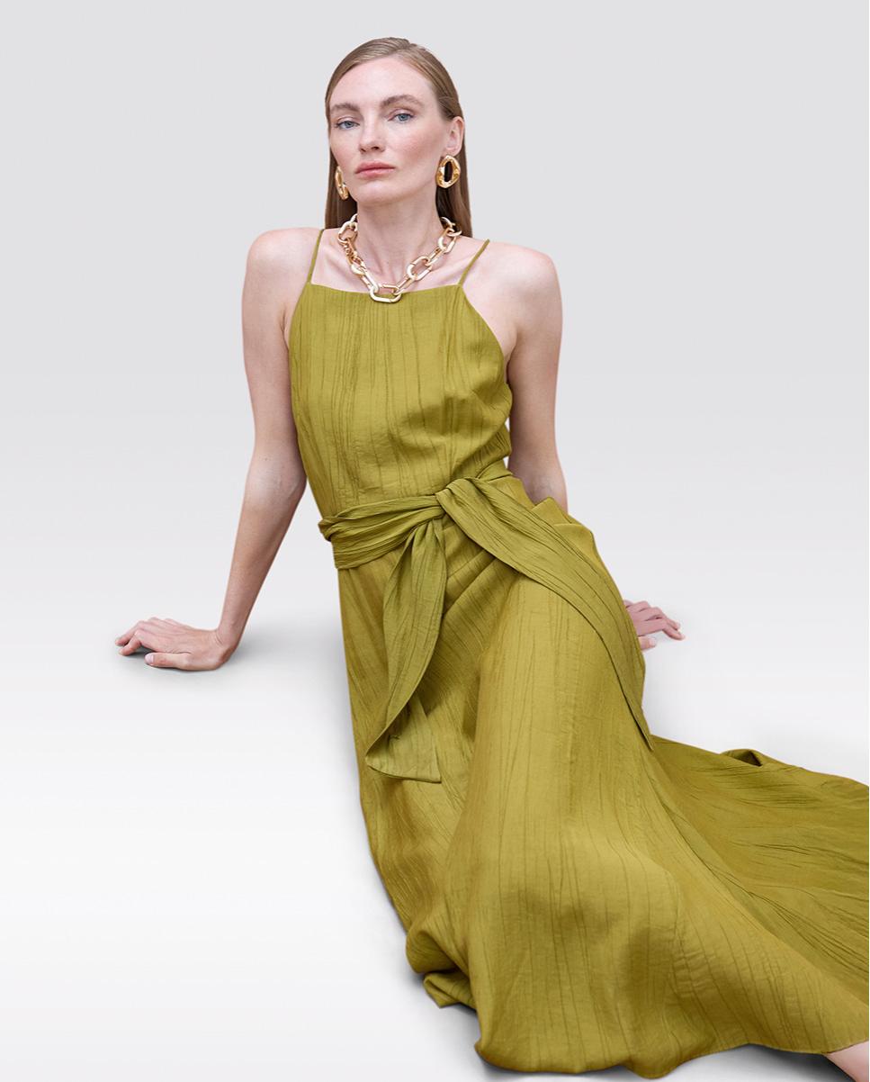 Vestido largo con tirante fino y escote recto - Lola Casademunt - Verde Oliva Verde Oliva-2