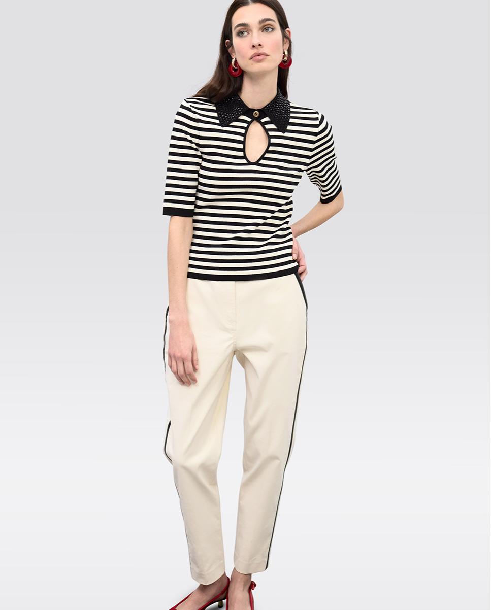 Pantalón recto de mujer con vivos laterales a contraste - Lola Casademunt - Marfil Marfil-1
